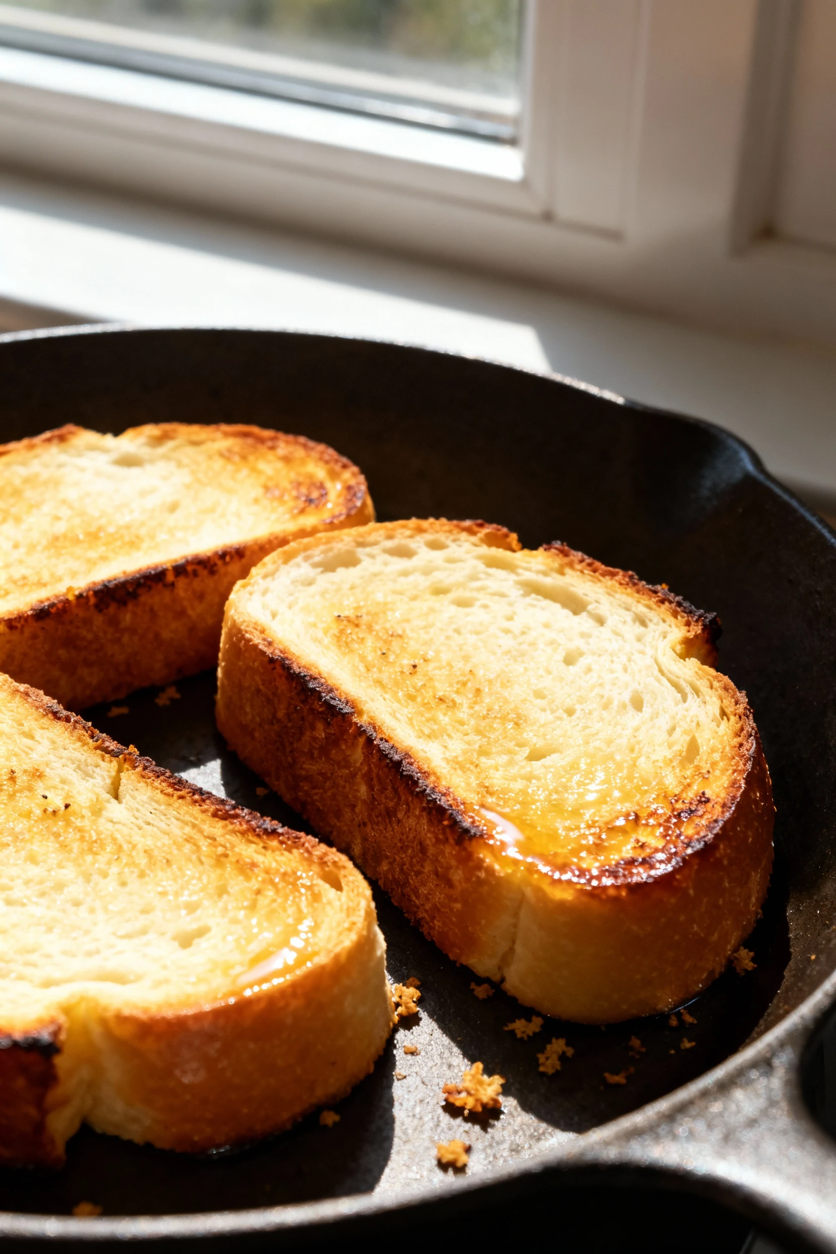 Butter-toasted brioche buns cut-side-down in skillet, edges deep golden with a few toasted crumbs, glossy sheen, minimal