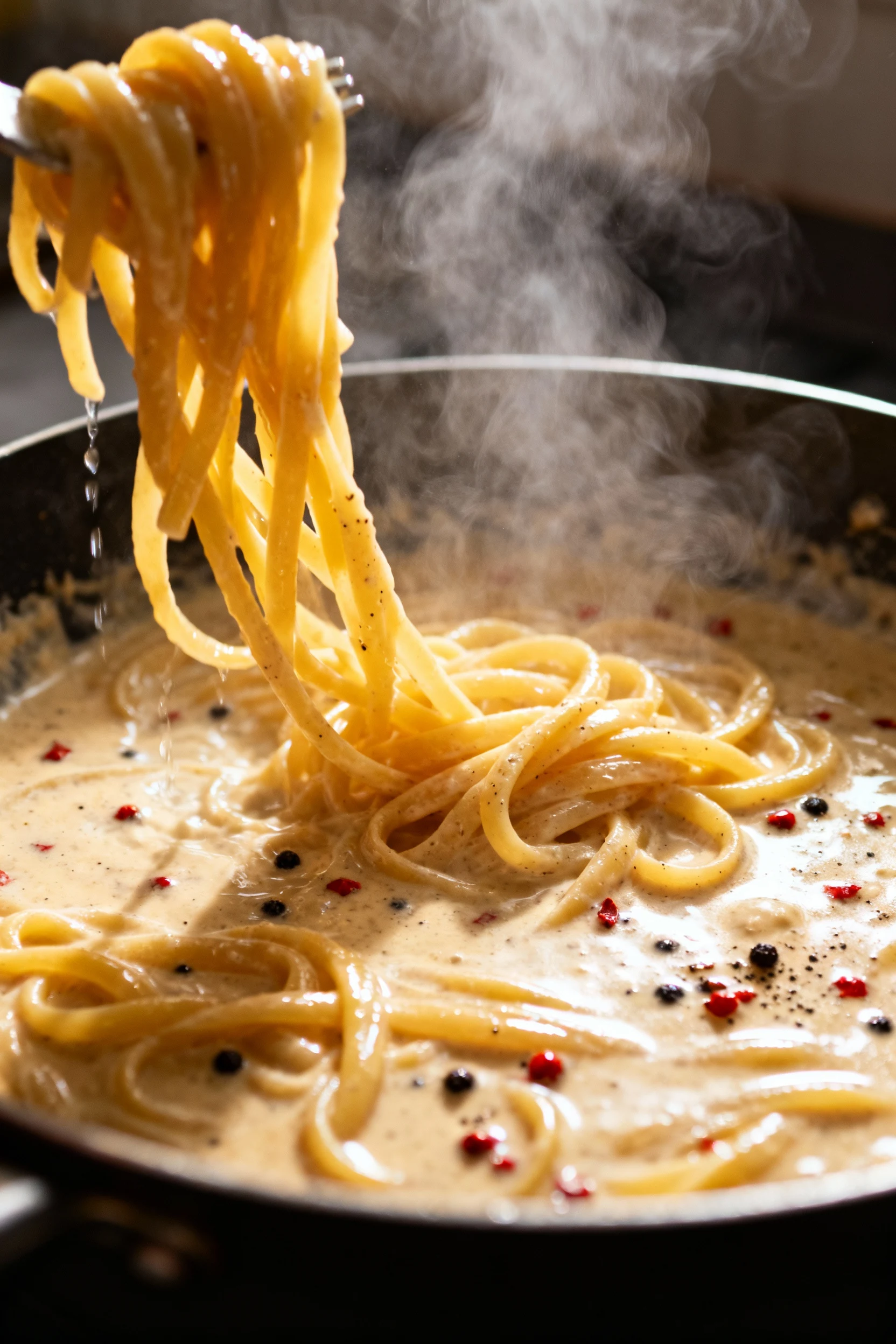 2. Cooking process: al dente pasta being tossed vigorously in a wide skillet of creamy sauce, a splash of reserved pasta