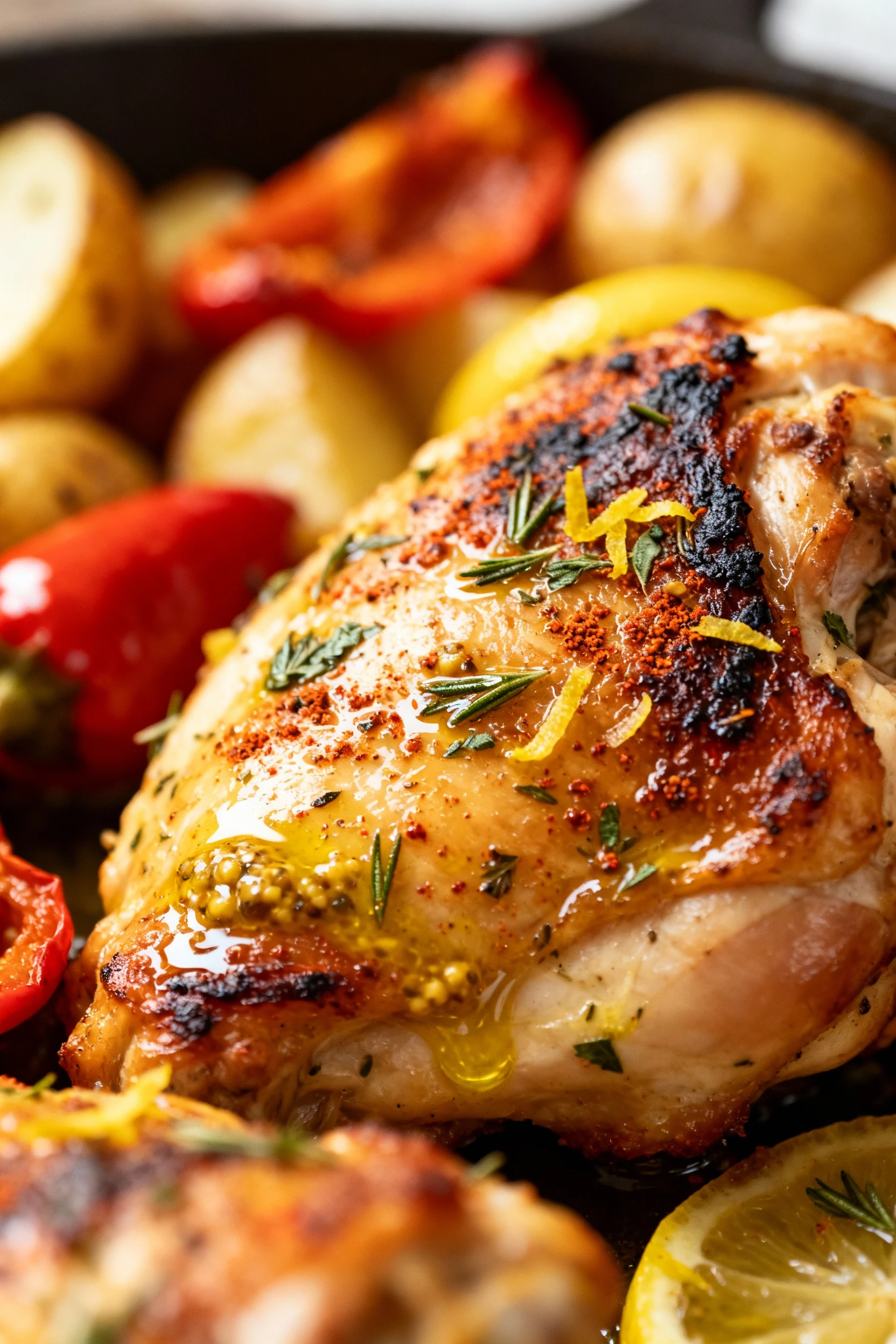 Close-up of broiled lemon-herb chicken thigh, edges charred and glistening with olive oil and Dijon; specks of smoked pa