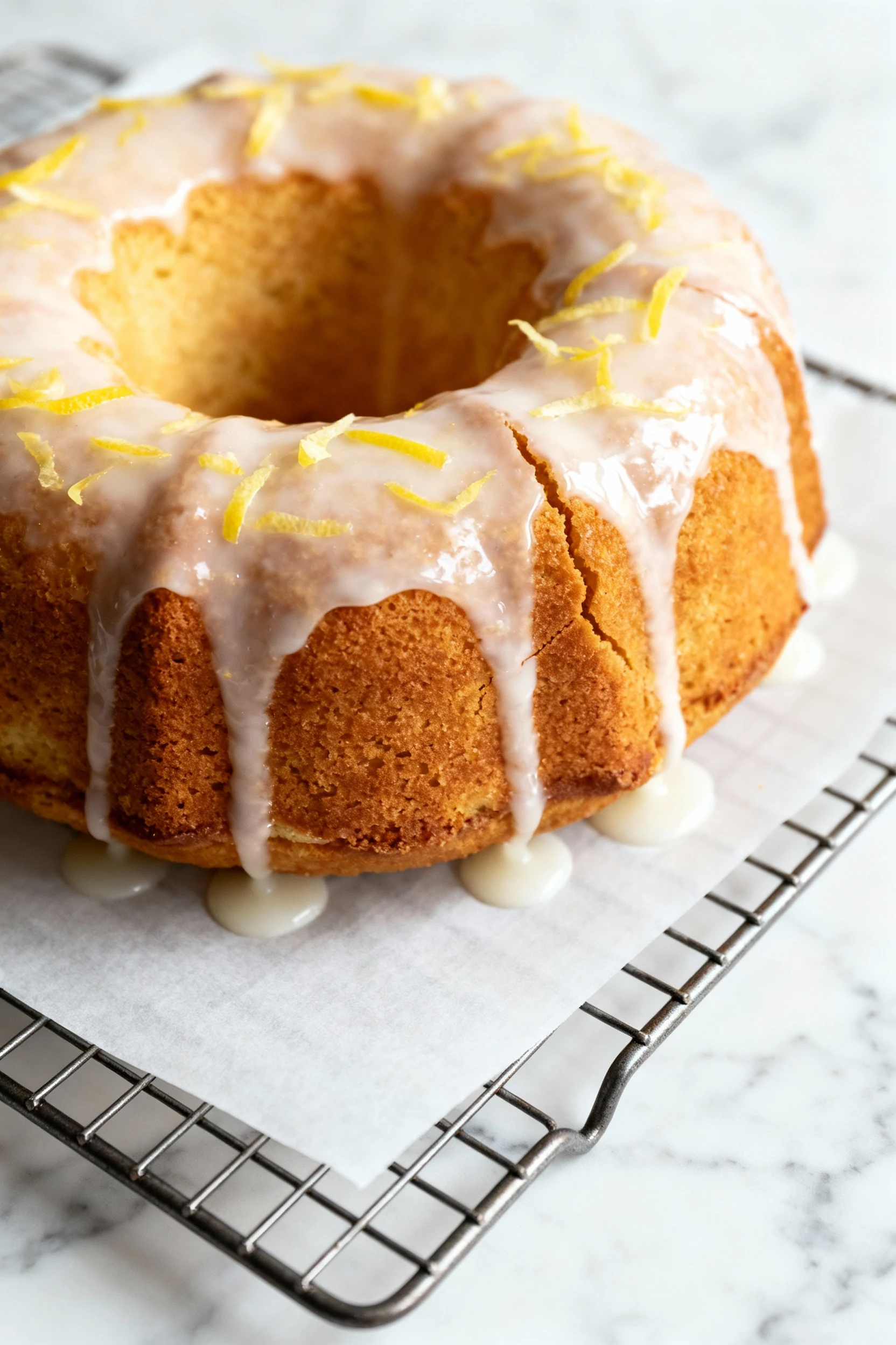 Overhead shot of lemon-glazed Bundt pound cake on a wire rack over parchment; glossy glaze drips and lemon zest confetti