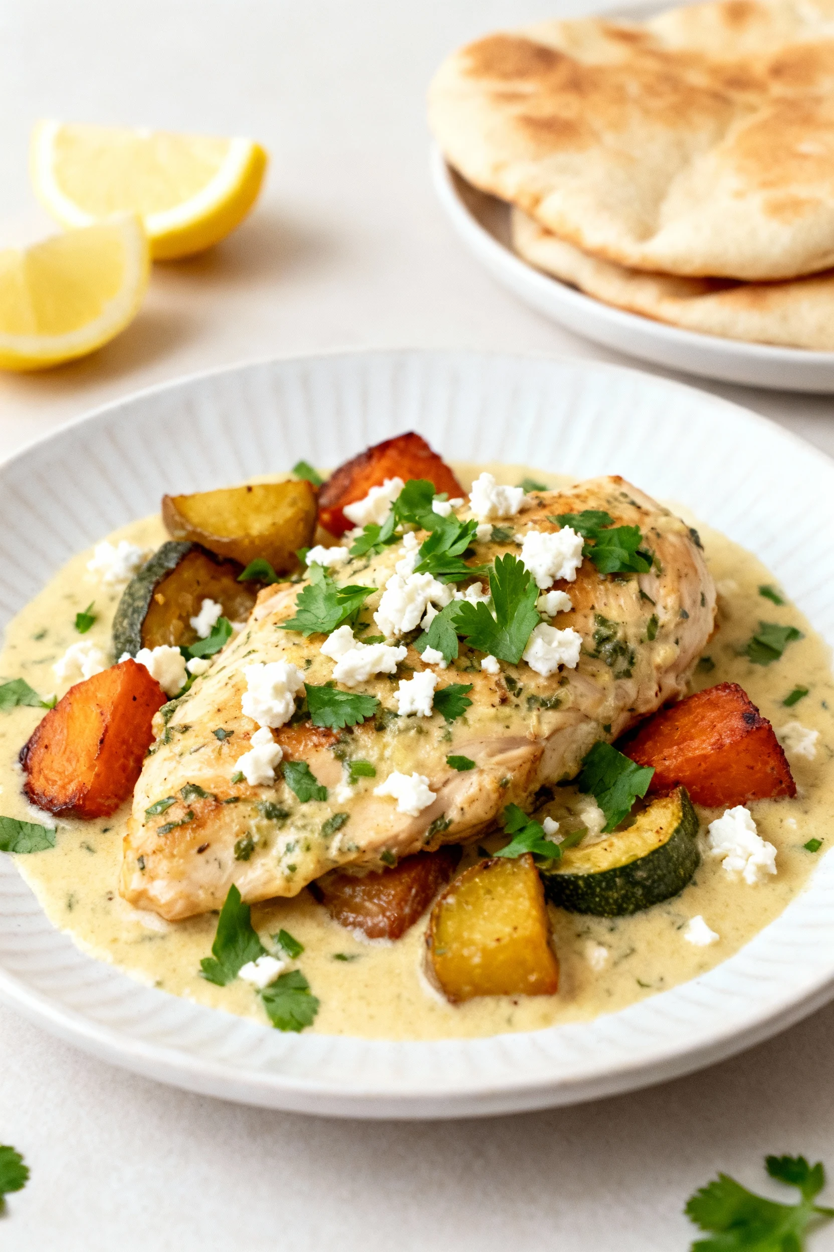 2. Beautifully plated creamy lemon-herb chicken with veggies, topped with chopped parsley and crumbled feta, lemon wedge
