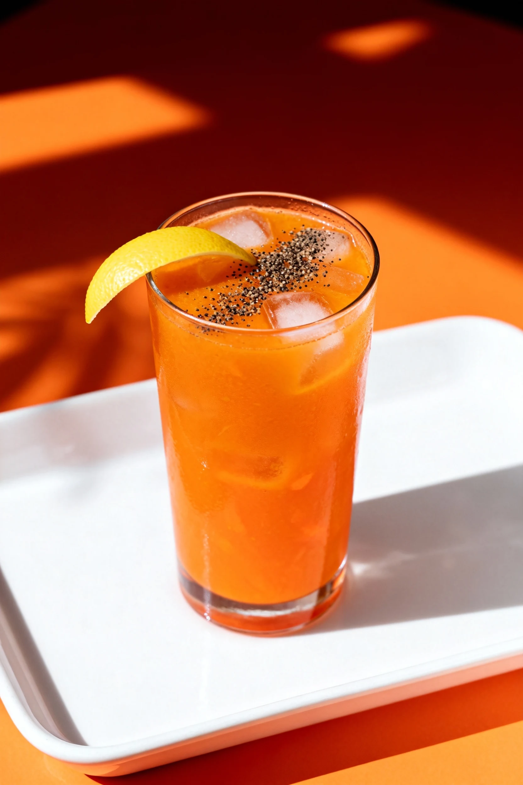 Beautifully presented Sunrise Carrot (carrot, orange, turmeric) in a tall highball glass, vivid orange hue with a thin l
