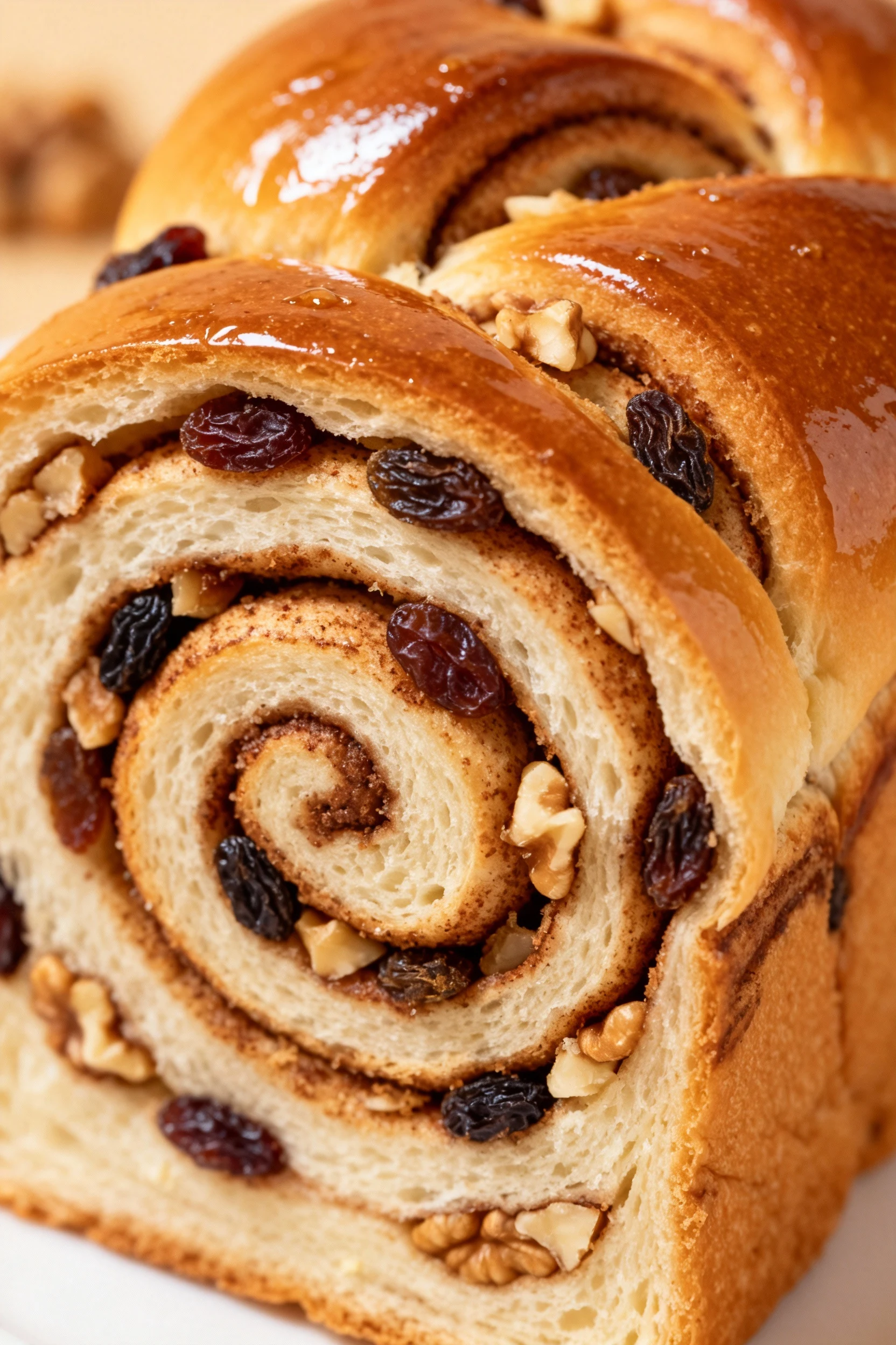 Close-up of cinnamon raisin bread showing a tight cinnamon-sugar swirl with plump raisins and walnut bits, glossy crust 