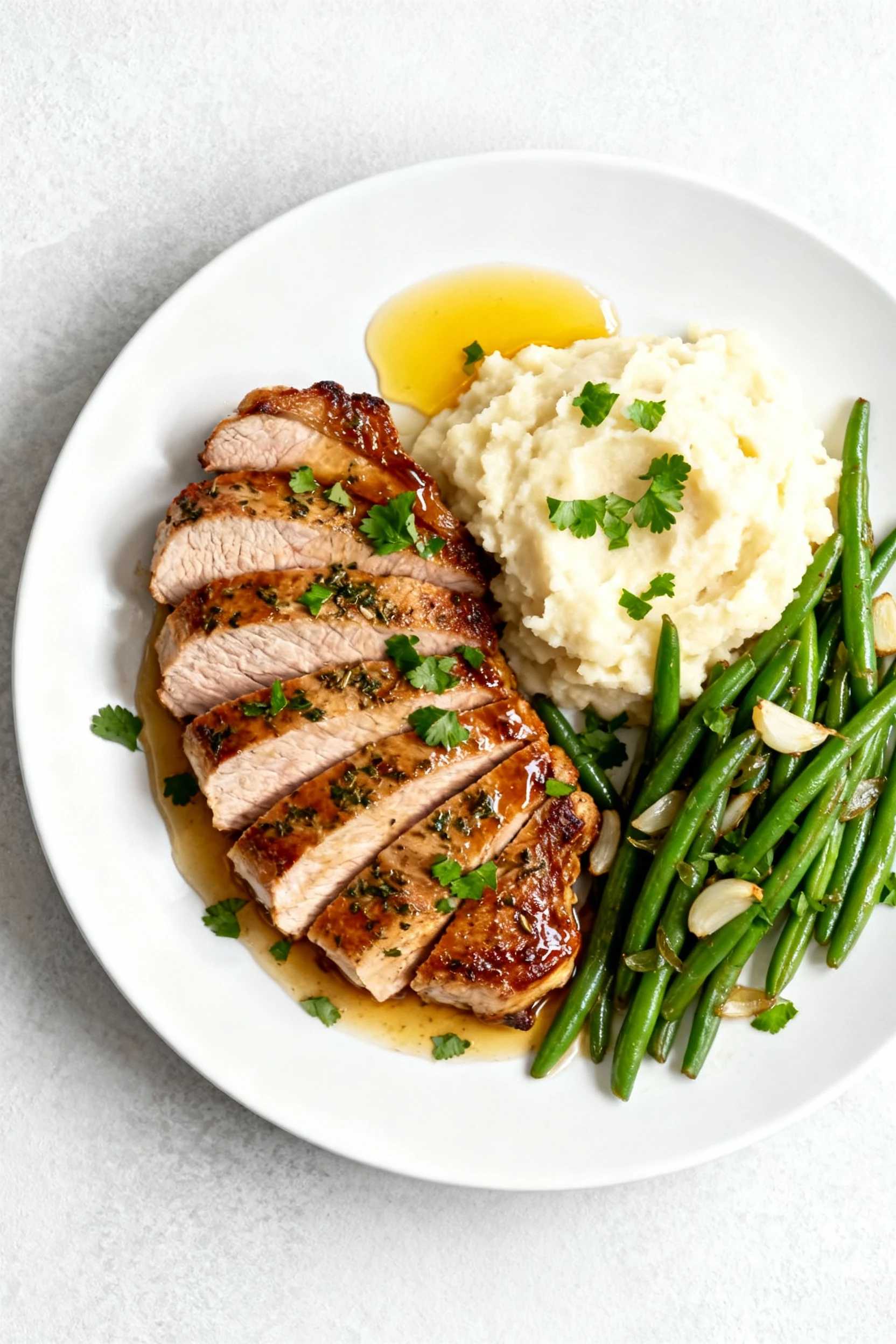 Overhead shot of garlic-herb pork chops sliced and fanned, juices glistening, bright splash of apple cider vinegar, spri