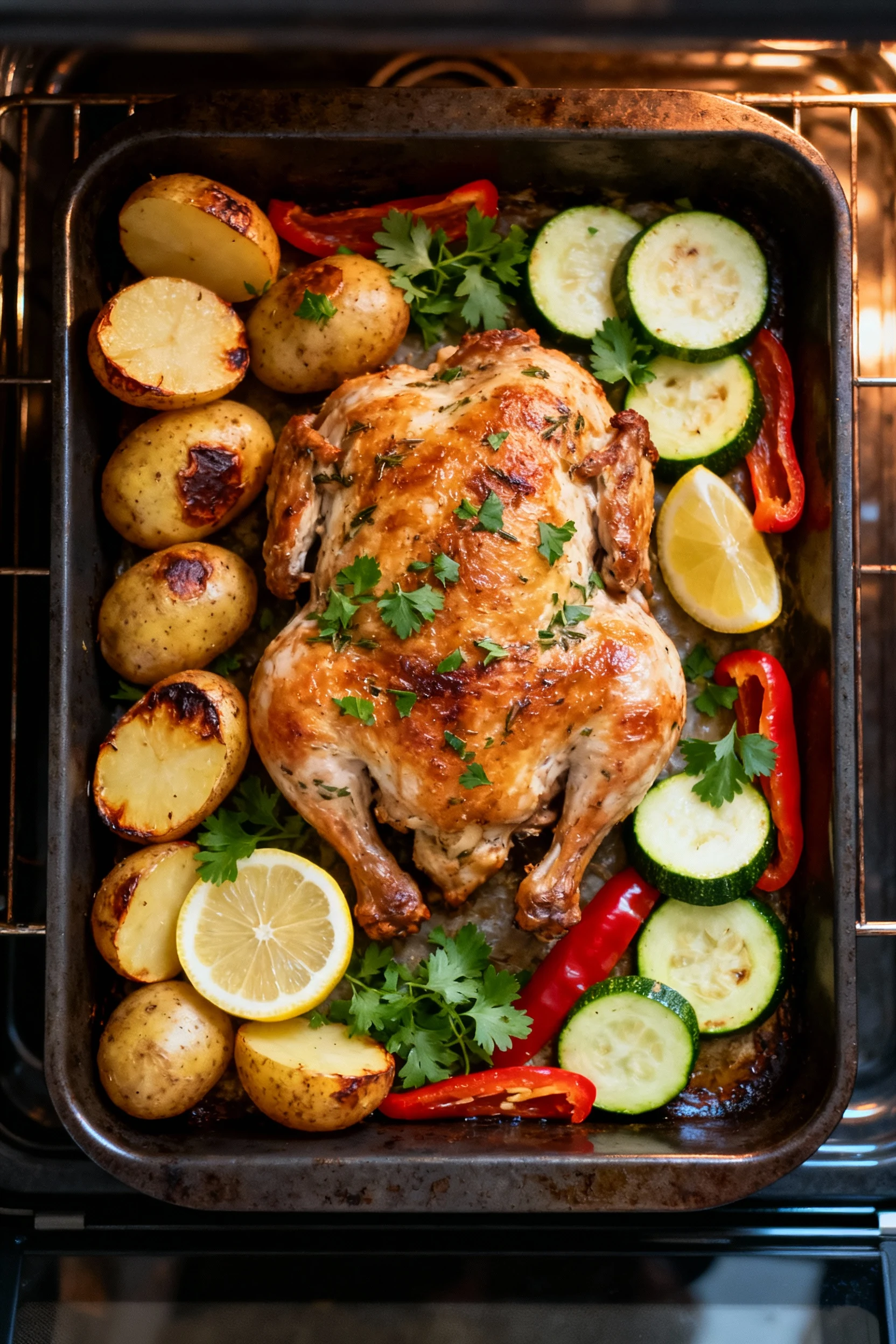 Overhead shot of the one-pan lemon herb chicken and veggie bake fresh from the oven: chicken centered, halved baby potat