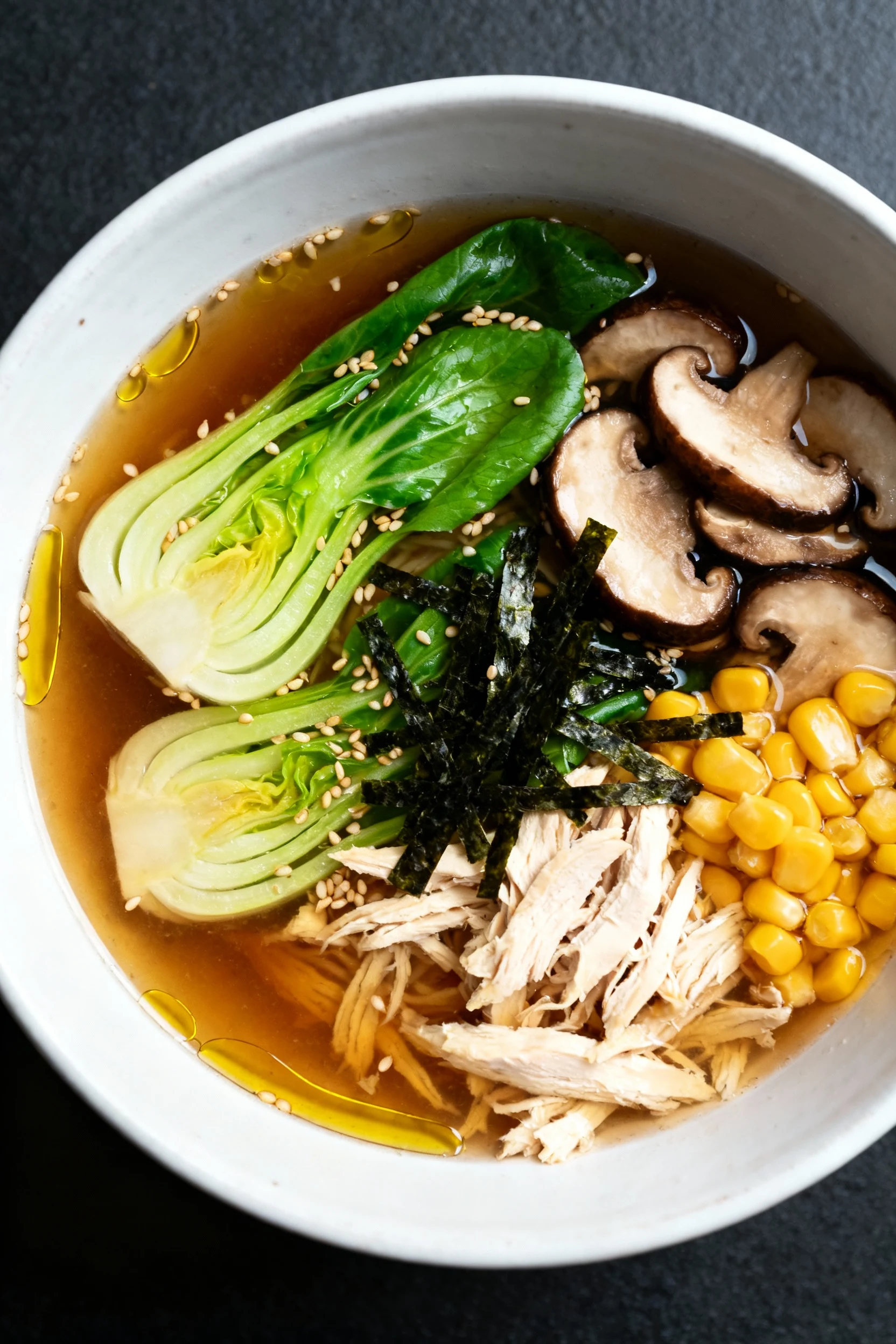 Overhead shot of finished ramen: shoyu-miso broth with sliced cremini mushrooms, bright-tender baby bok choy halves, shr