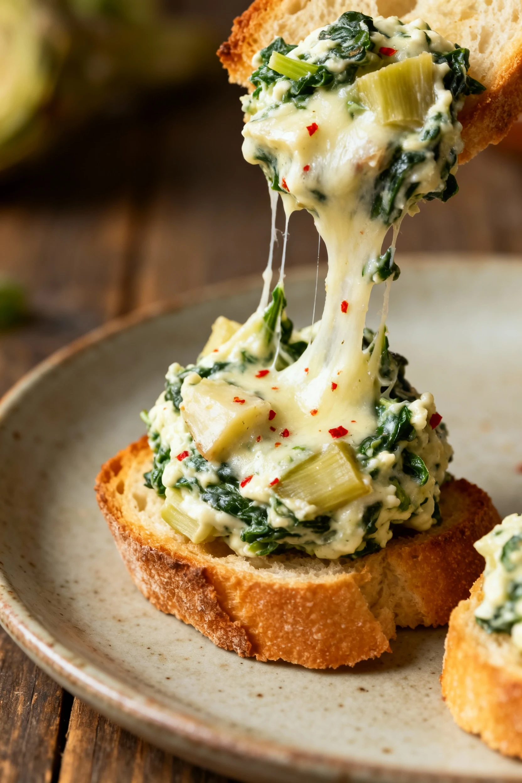 Close-up of crostini topped with a generous scoop of hot spinach–artichoke dip, gooey mozzarella pull, creamy texture wi