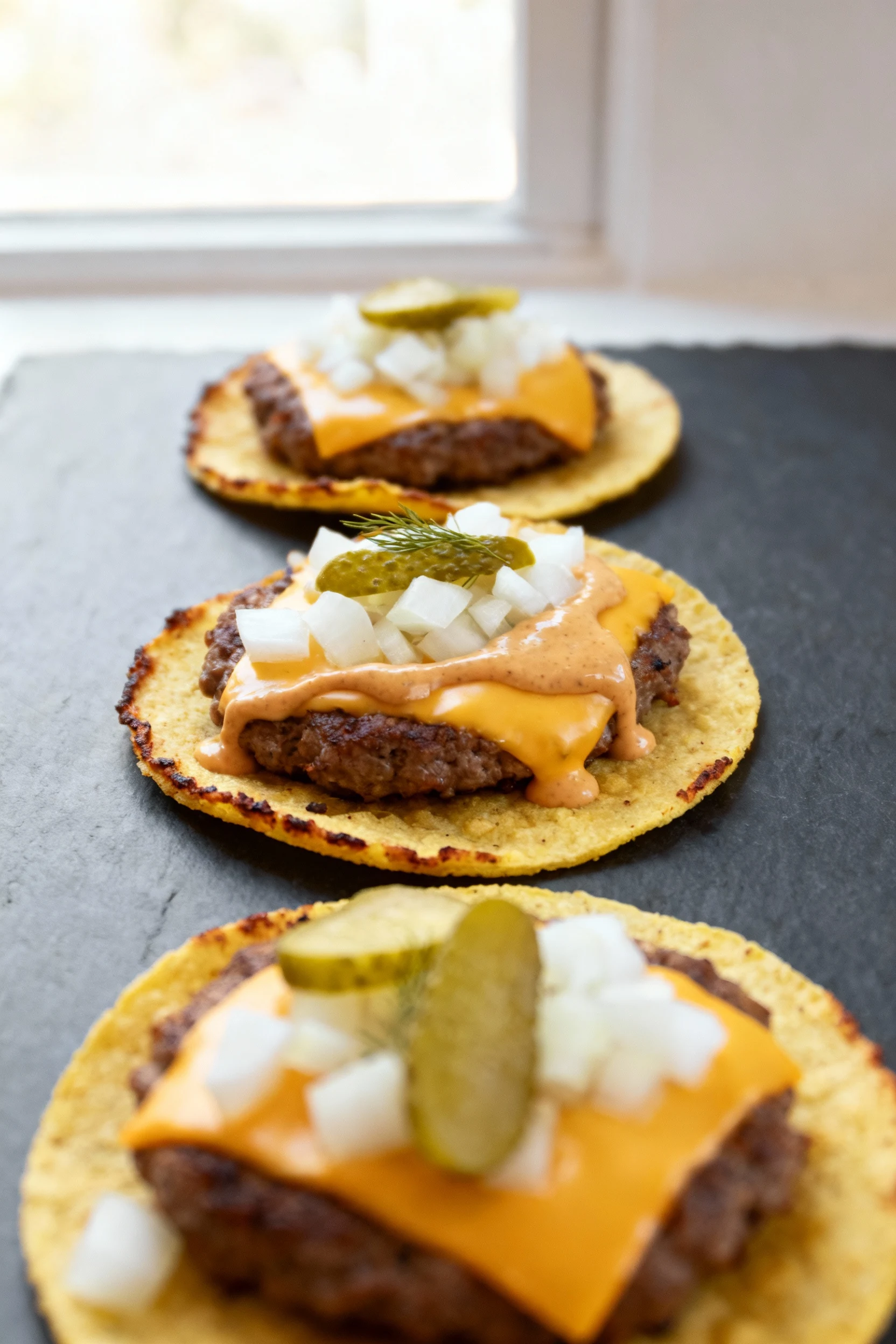 Overhead of three classic smash burger tacos on street corn tortillas—gooey American cheese, diced white onion, dill pic