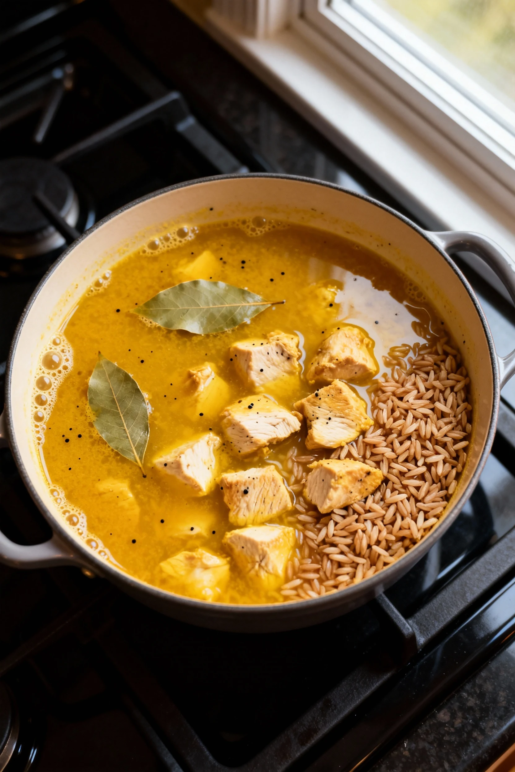 Golden Turmeric Chicken & Rice simmering: overhead 3/4 view of golden broth with bay leaf, tender chicken cubes and brow