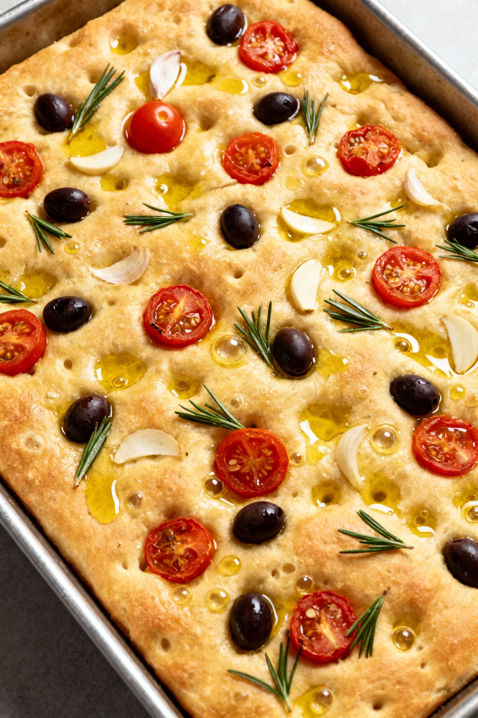 2. Overhead shot of brined-and-dimpled focaccia just before baking in a generously oiled 9x13 metal pan, dotted with hal