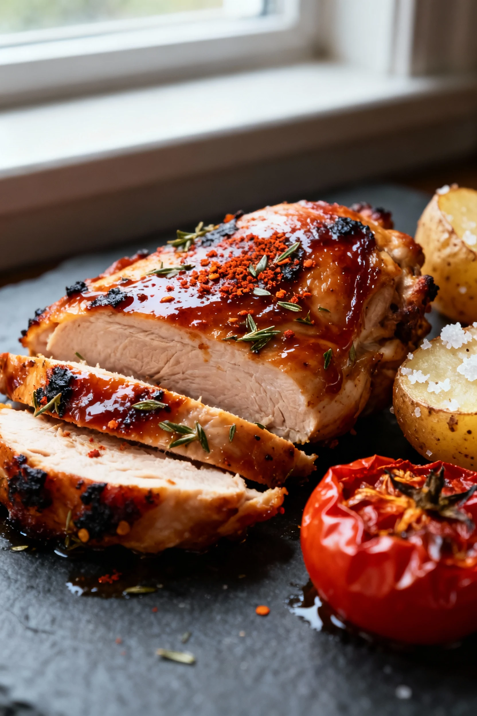 Close-up detail of a juicy sliced chicken thigh, lacquered glaze with paprika-oregano flecks and charred edges; crackly 