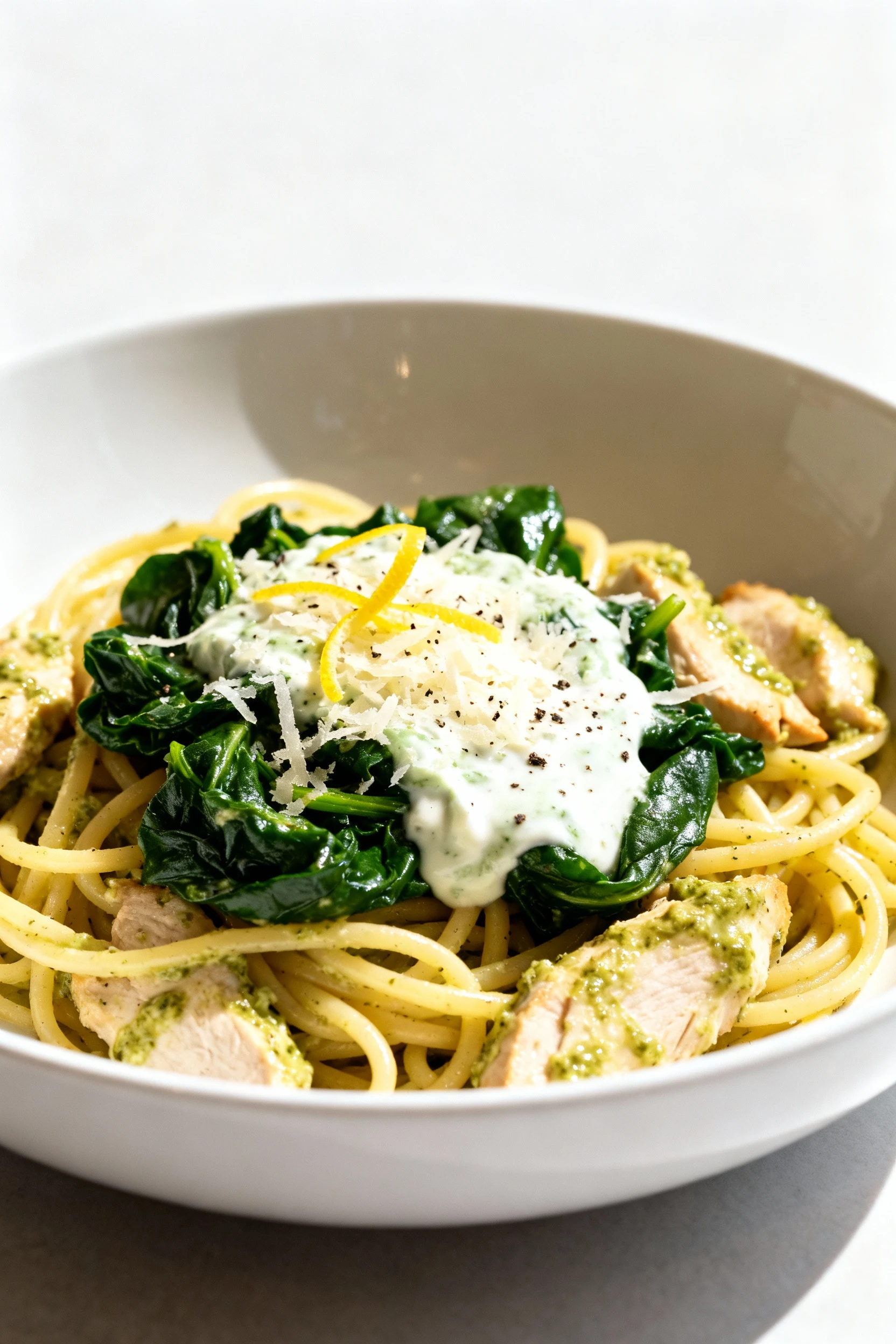Final dish: Creamy pesto chicken pasta twirled in a white bowl—wilted spinach, glossy pesto–yogurt sauce, grated Parmesa