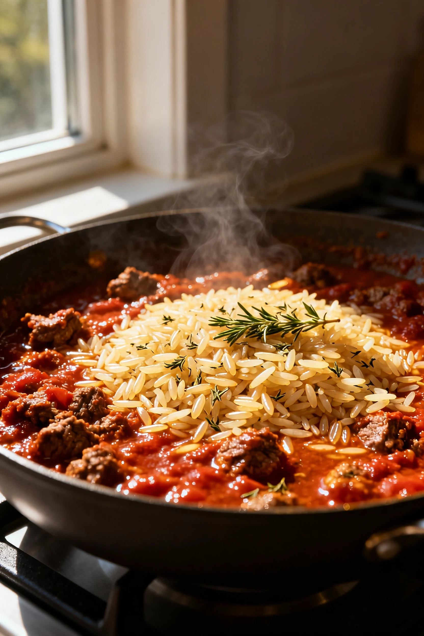 3/4 angle cooking process: long-grain rice toasting in the beefy tomato-paste mixture; grains glossy and separate with o