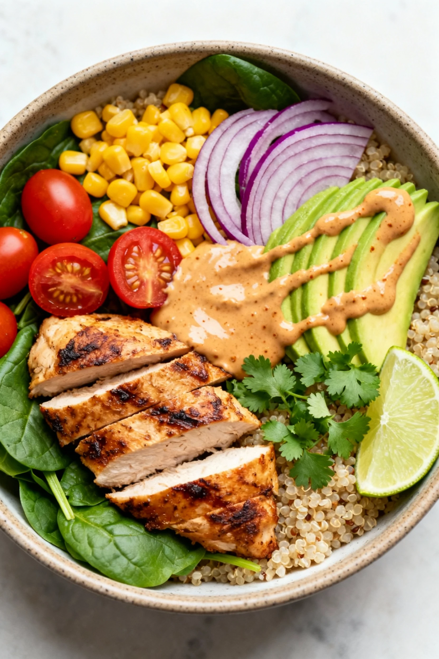 Overhead shot of Chipotle-Lime Greek Yogurt Chicken Quinoa Bowl: fluffy quinoa base, baby spinach, juicy seared chicken,