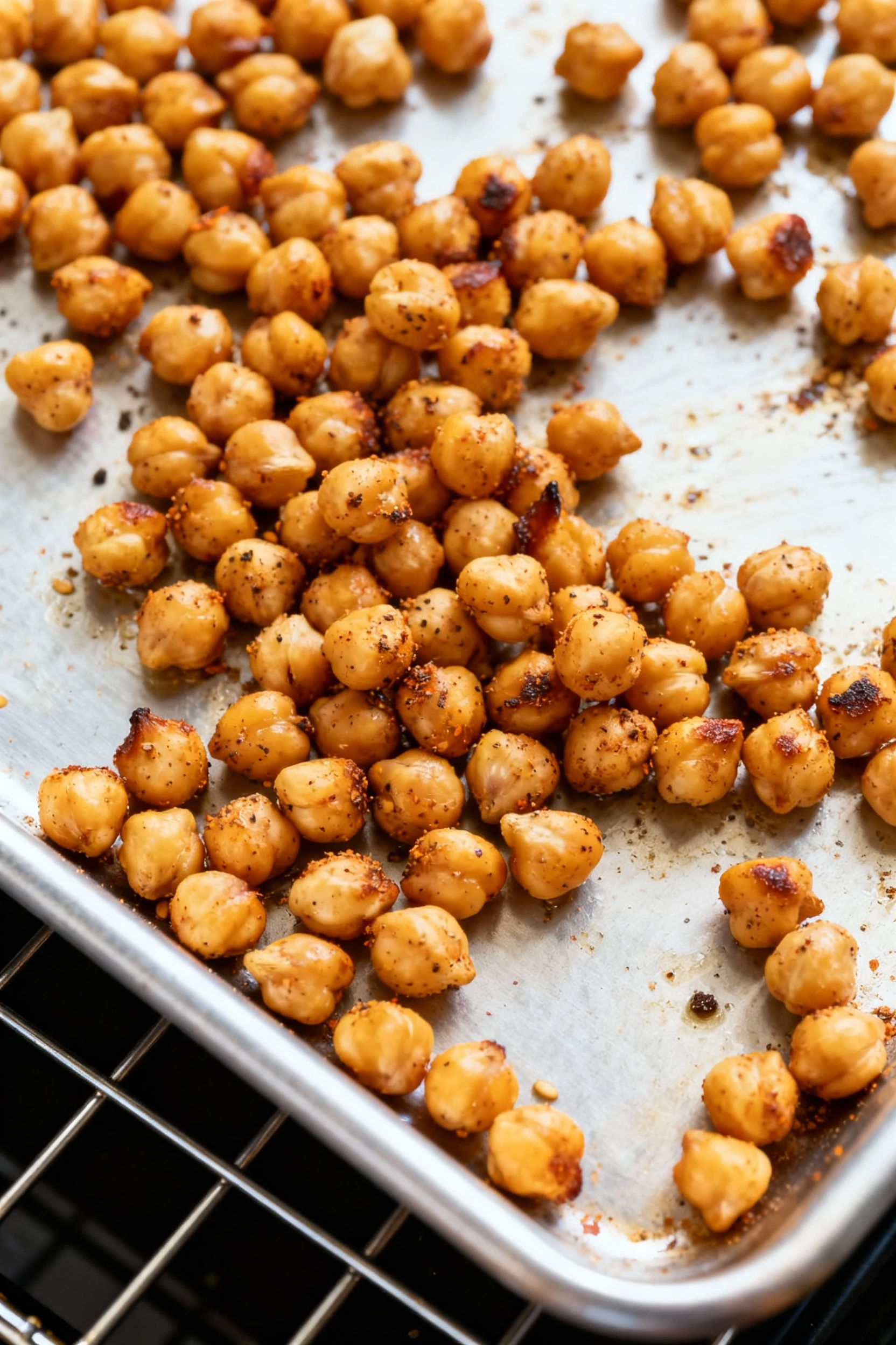 2. Cooking process: mid-roast chickpeas being shaken on a 425°F oven rack, spices clinging and edges crisping; overhead 