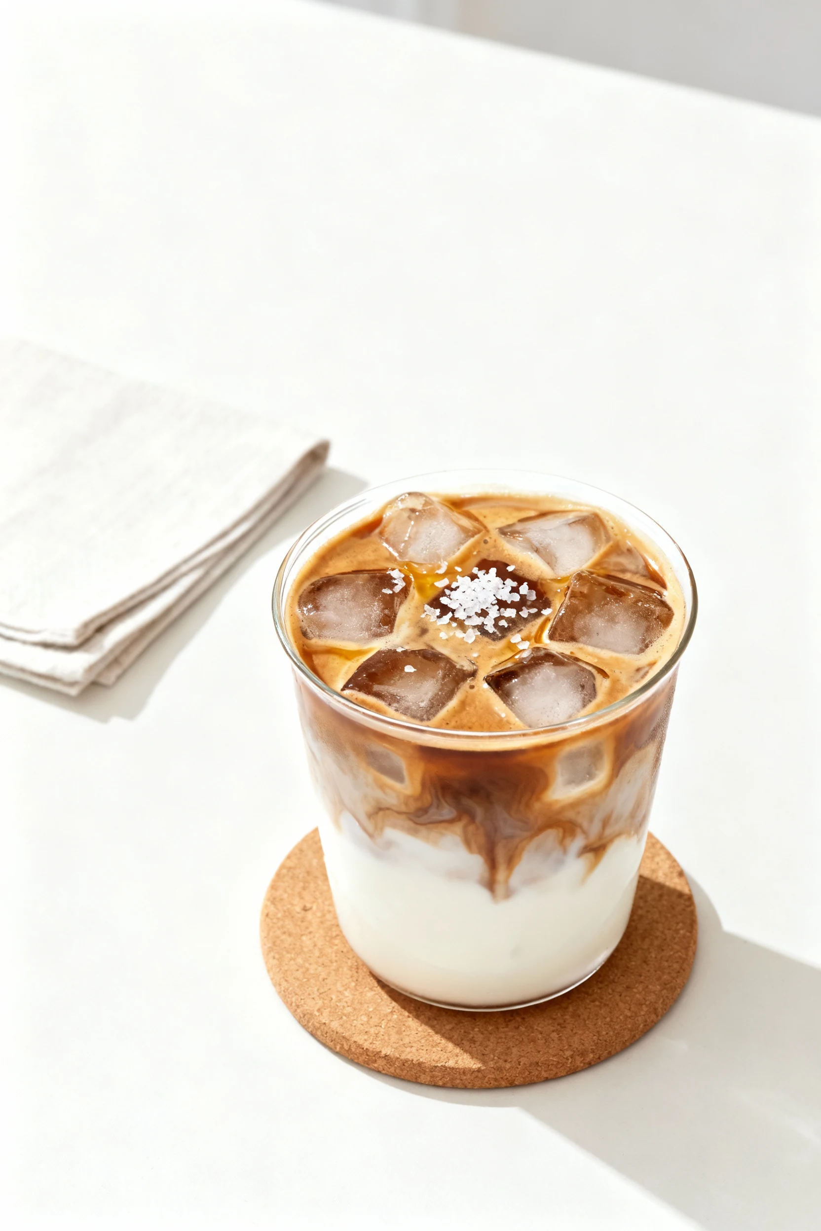 Tasty top view: classic iced latte with espresso marbling into cold milk over ice, subtle sheen of vanilla syrup and a t