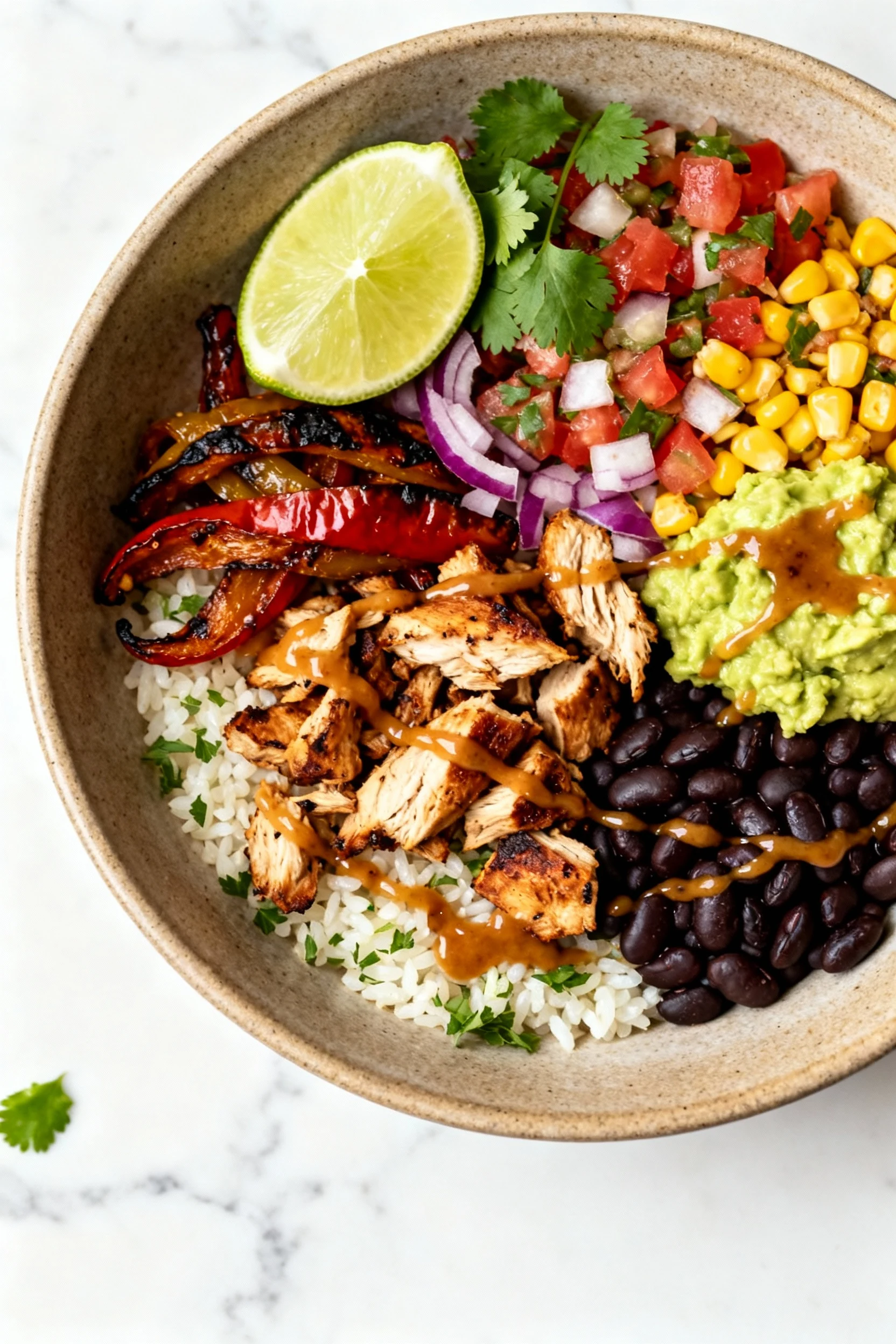 Overhead burrito bowl: cilantro-lime rice base, saucy black beans, chopped smoky chicken, charred fajita peppers and red
