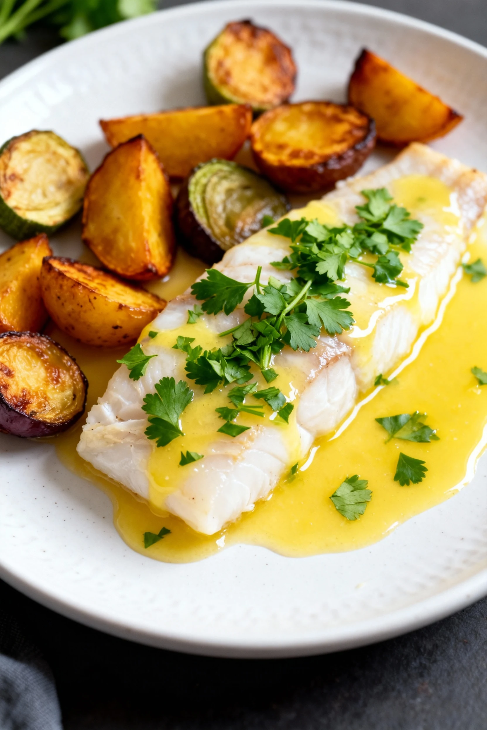 Overhead shot of beautifully plated cod fillet topped with fresh chopped parsley and drizzled with lemon butter sauce, s