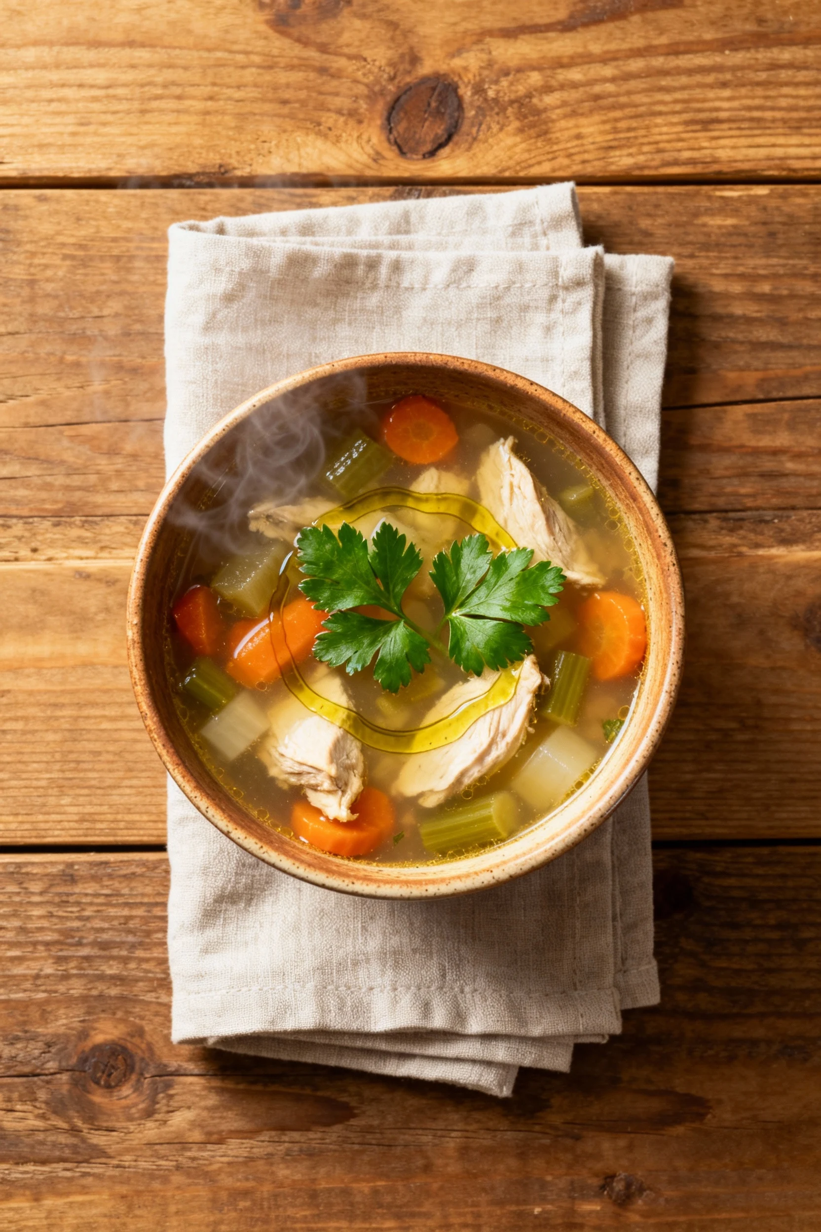Overhead shot of finished hearty vegetable and chicken soup in a rustic ceramic bowl, garnished with fresh parsley leave