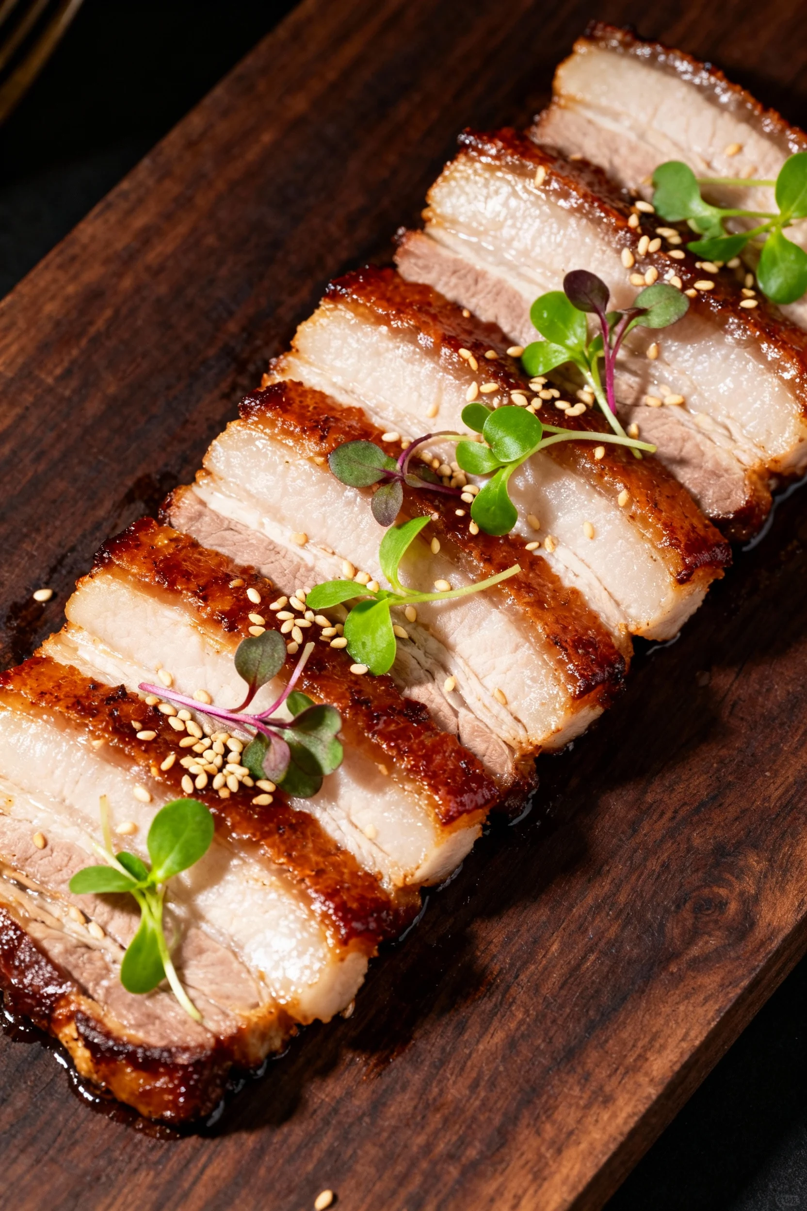 Overhead shot of perfectly sliced pork belly strips on a dark wooden cutting board, each piece showcasing juicy meat and