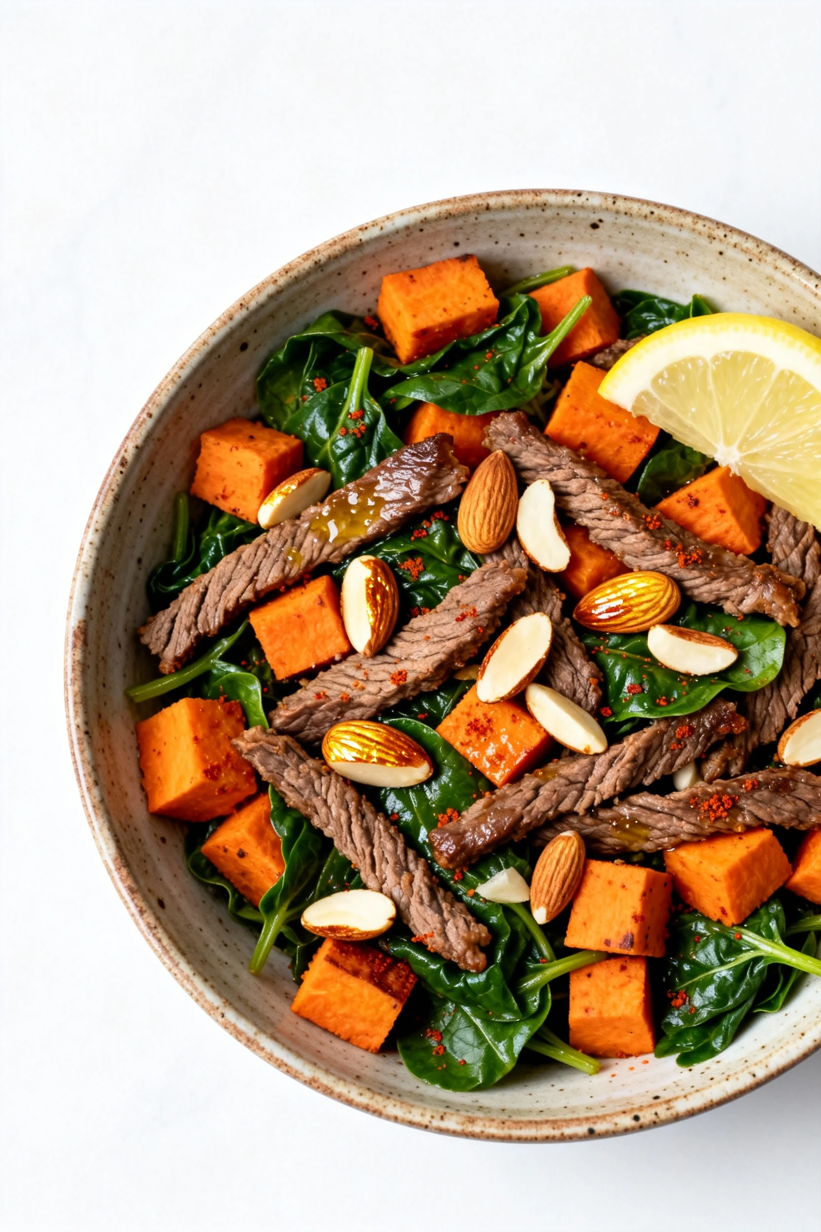 Overhead shot of a colorful paleo stir-fry with grass-fed beef strips, sweet potato cubes, and bright spinach, tossed in