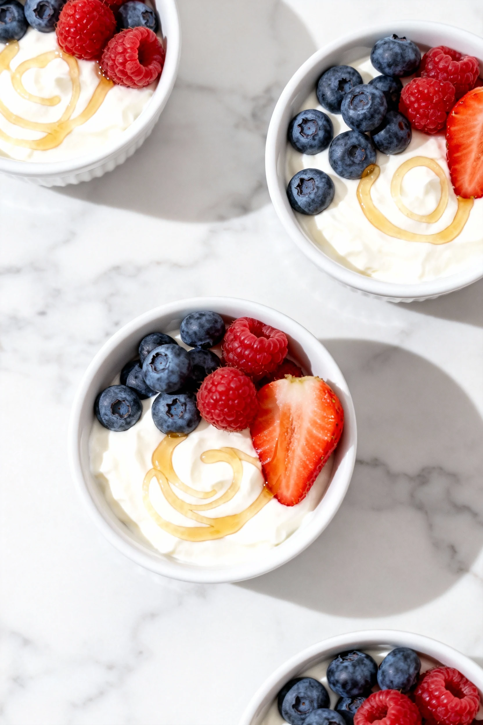 Overhead shot of berry yogurt cups in small white bowls, thick creamy Greek yogurt topped with vibrant fresh blueberries