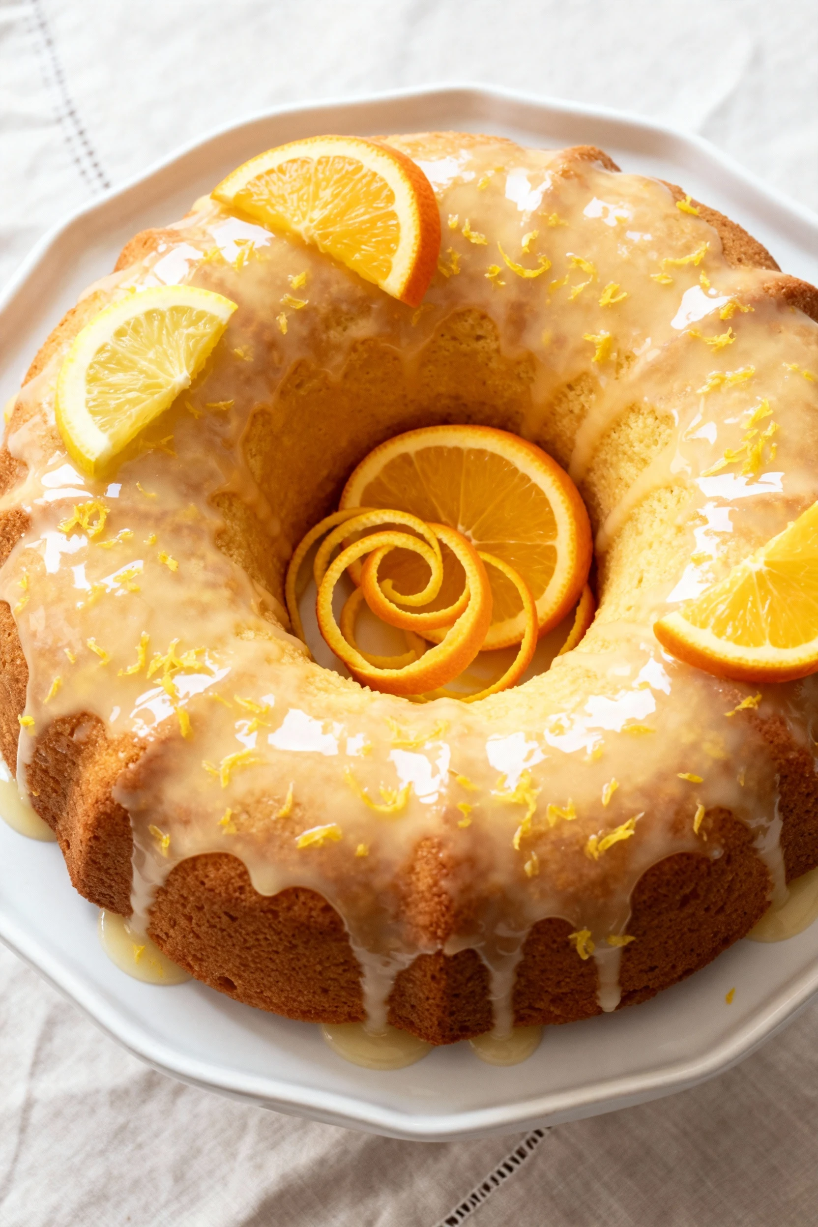 Overhead shot of a fully glazed lemon-zest bundt cake on a white ceramic cake stand, citrus slices and zest curls artful