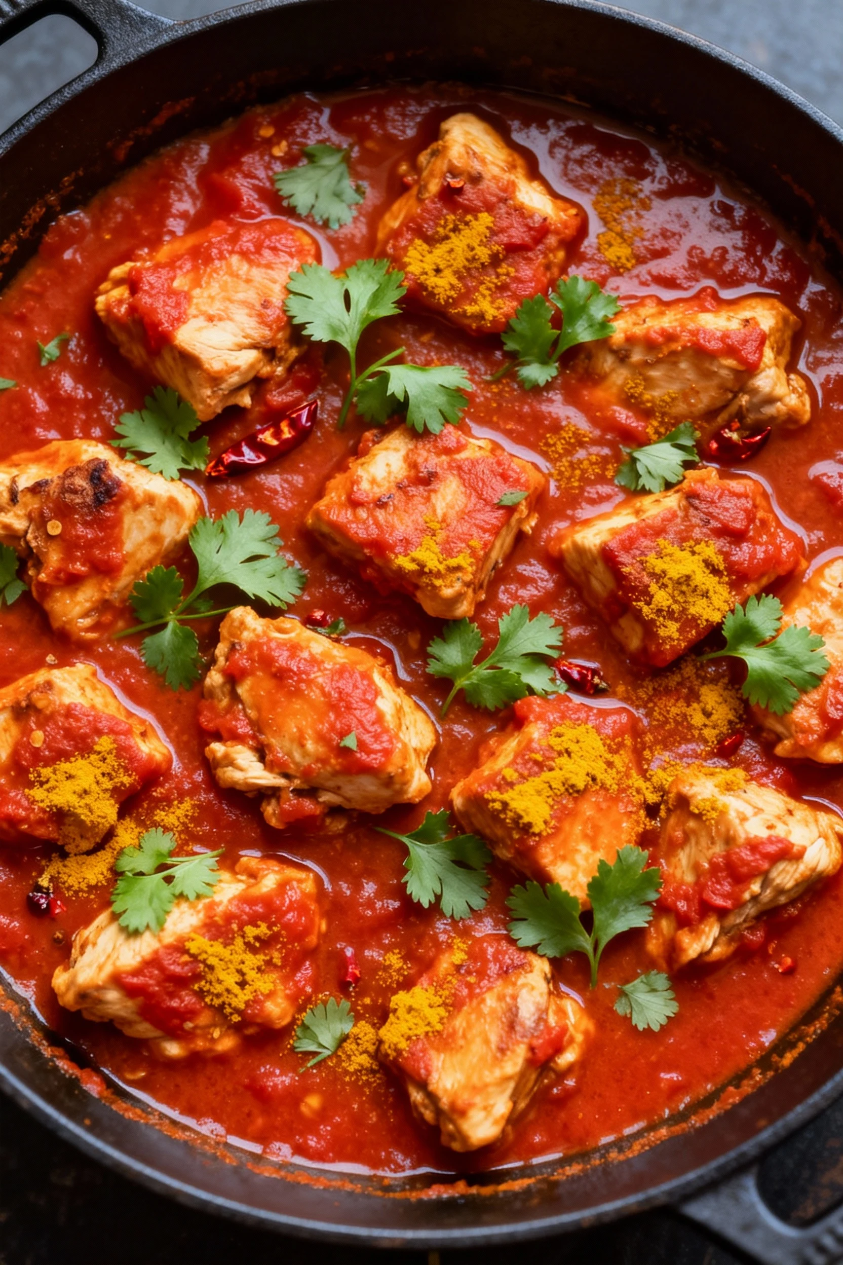 Overhead shot of simmering chicken cubes coated in thick, vibrant tomato-based curry sauce, flecks of turmeric and chili