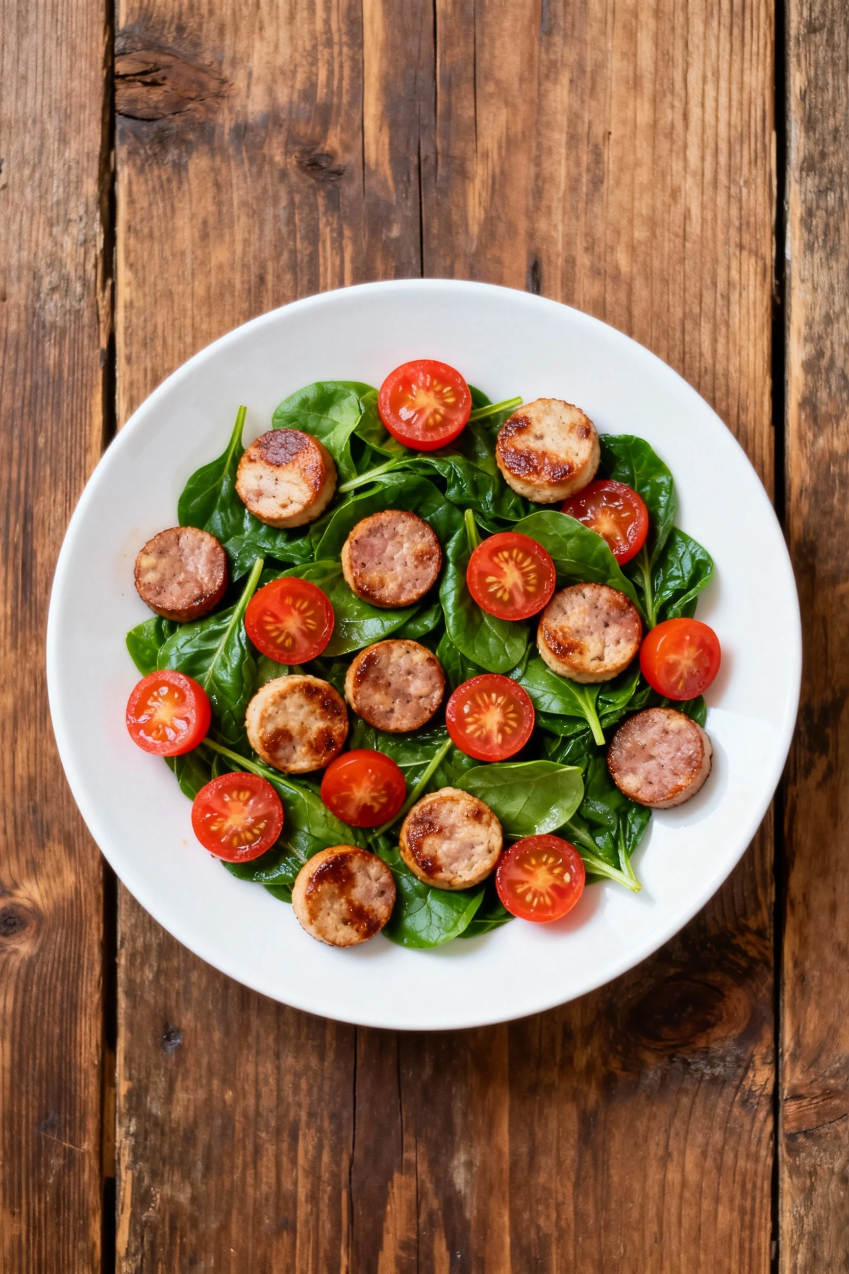 Overhead shot of final plated chicken sausage skillet featuring halved cherry tomatoes, bright green spinach, and lightl