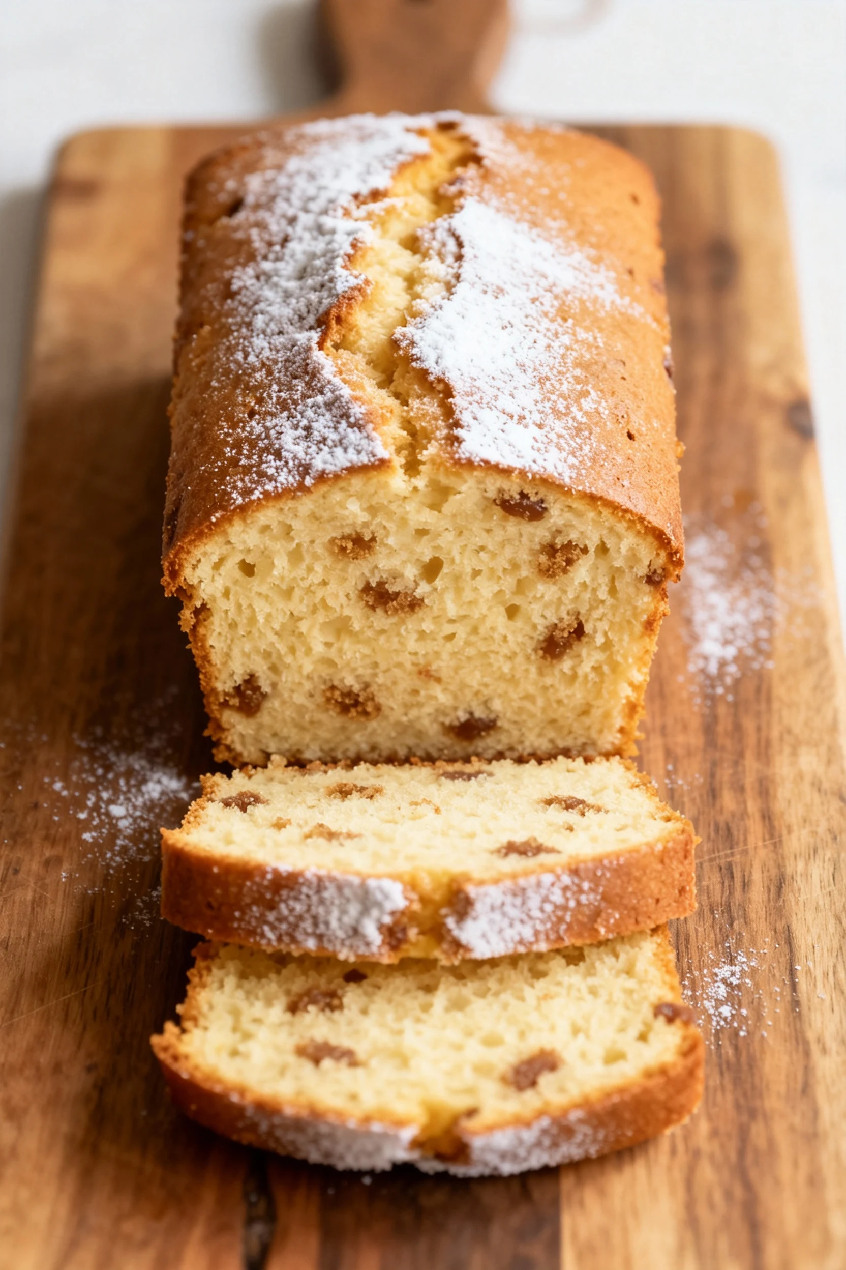 Overhead shot of a moist vanilla loaf cake sliced on a rustic wooden board, showing tender crumb texture and subtle spec
