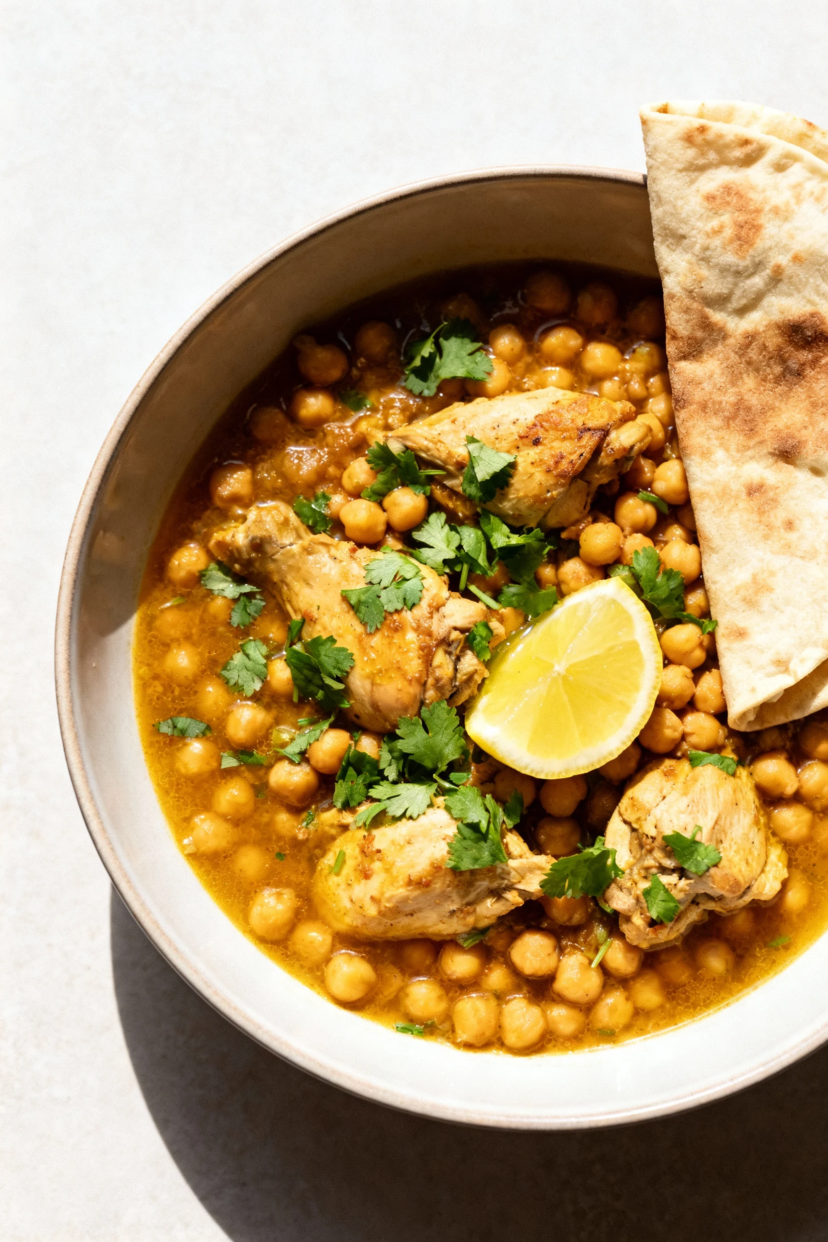 Overhead shot of the finished chicken and chickpea stew served in a wide shallow bowl, sprinkled with fresh chopped cori