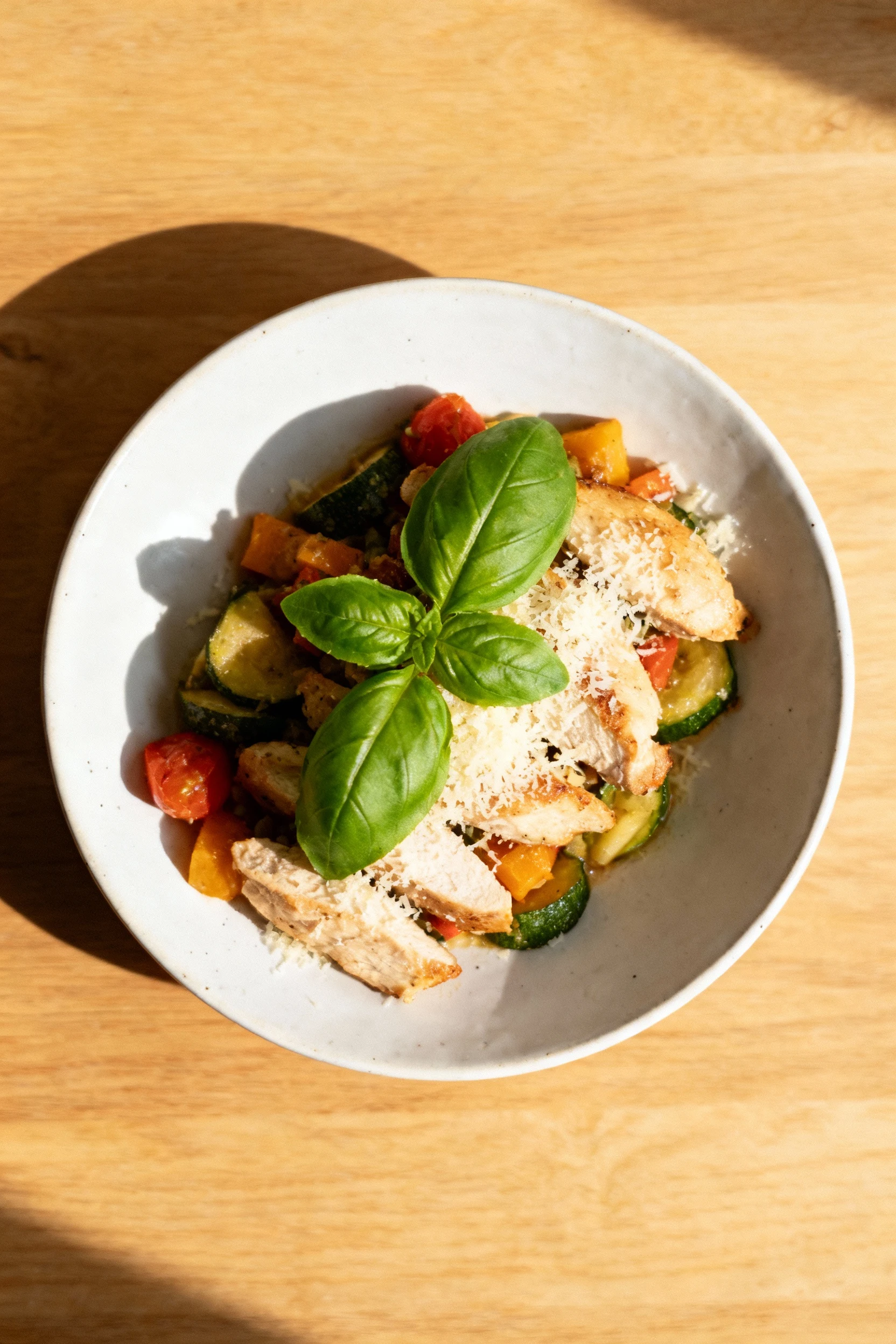 Overhead shot of the final plated chicken and vegetable medley, arranged neatly on a white ceramic plate, fresh basil le