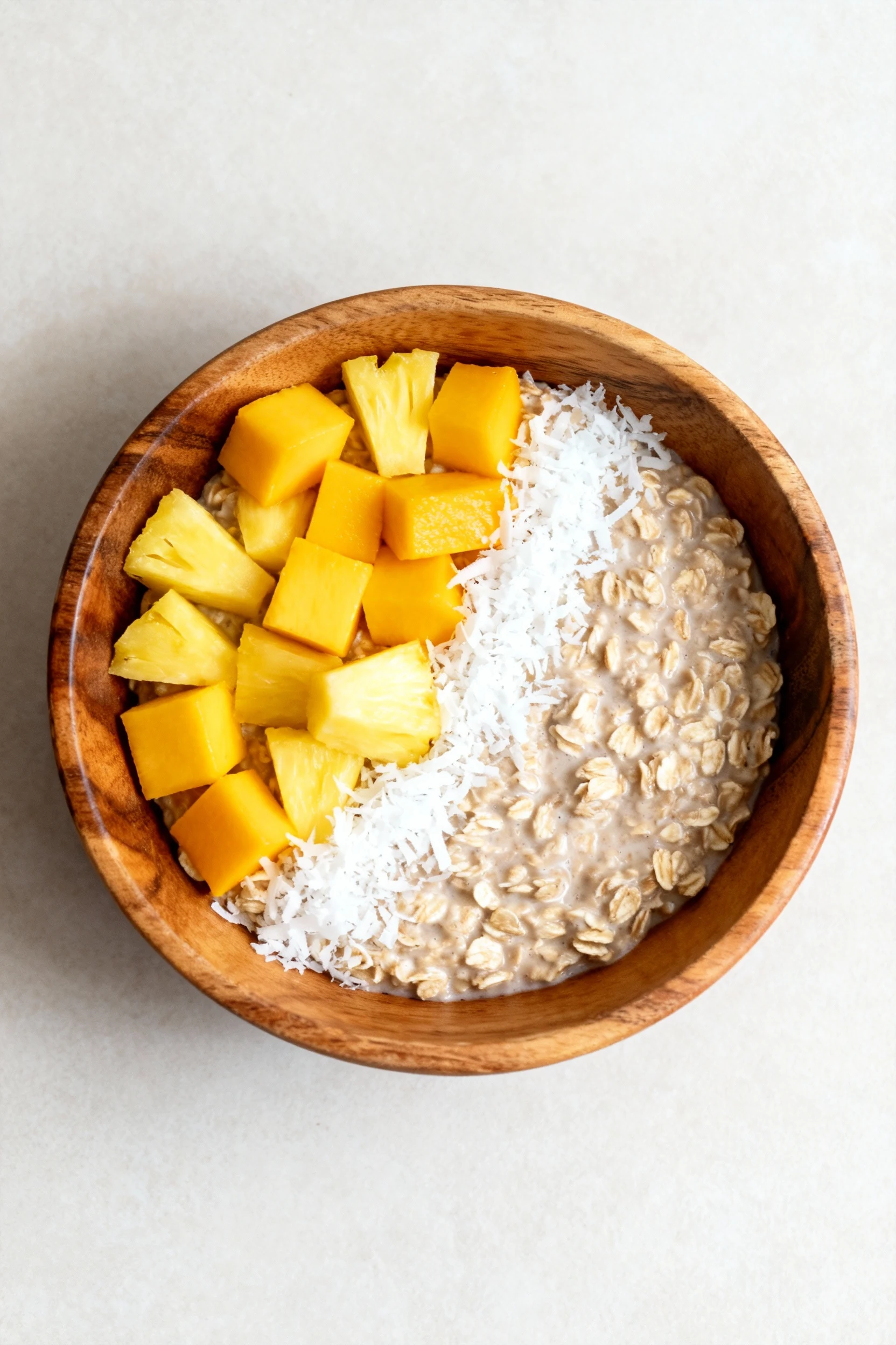 Overhead shot of Tropical Sunrise oats in a rustic wooden bowl, vibrant diced mango, pineapple chunks, and shredded coco
