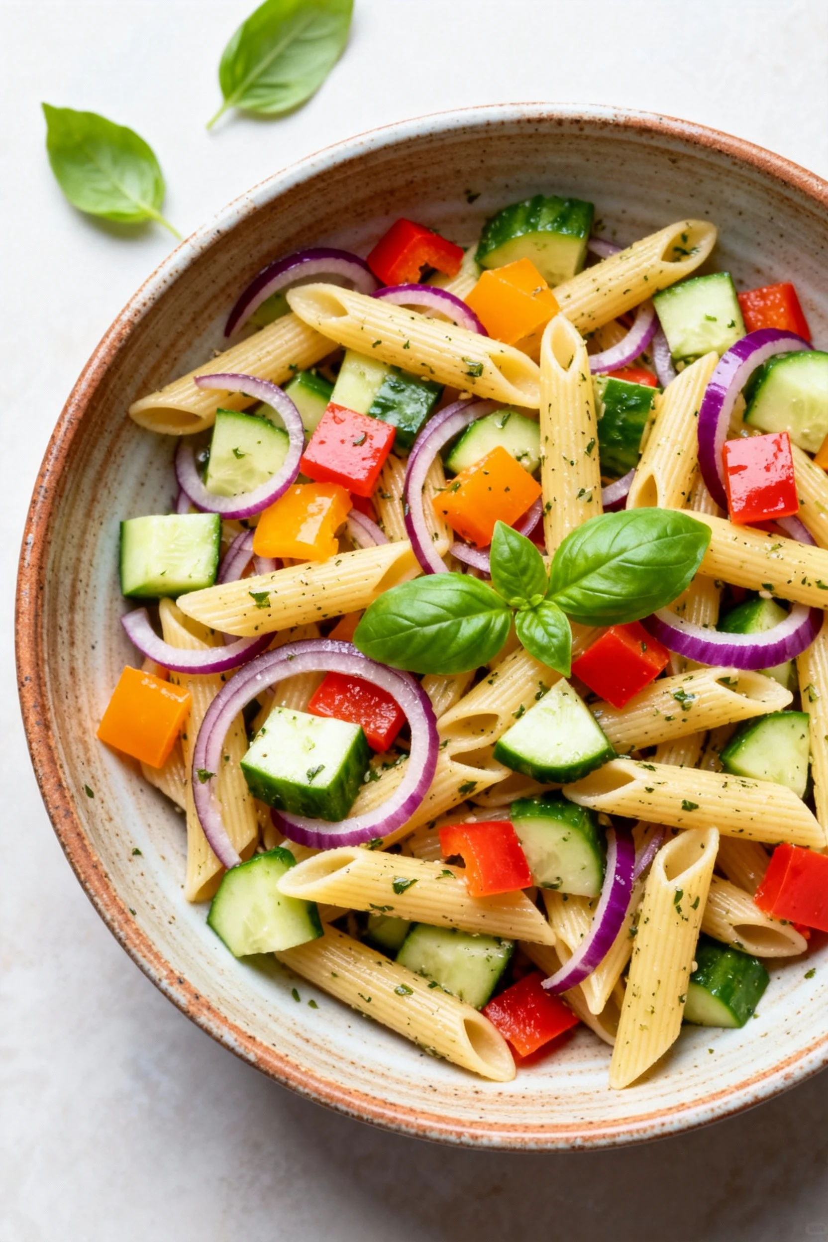Overhead shot of colorful cold pasta salad in a wide rustic ceramic bowl, featuring penne pasta, diced cucumber, red oni