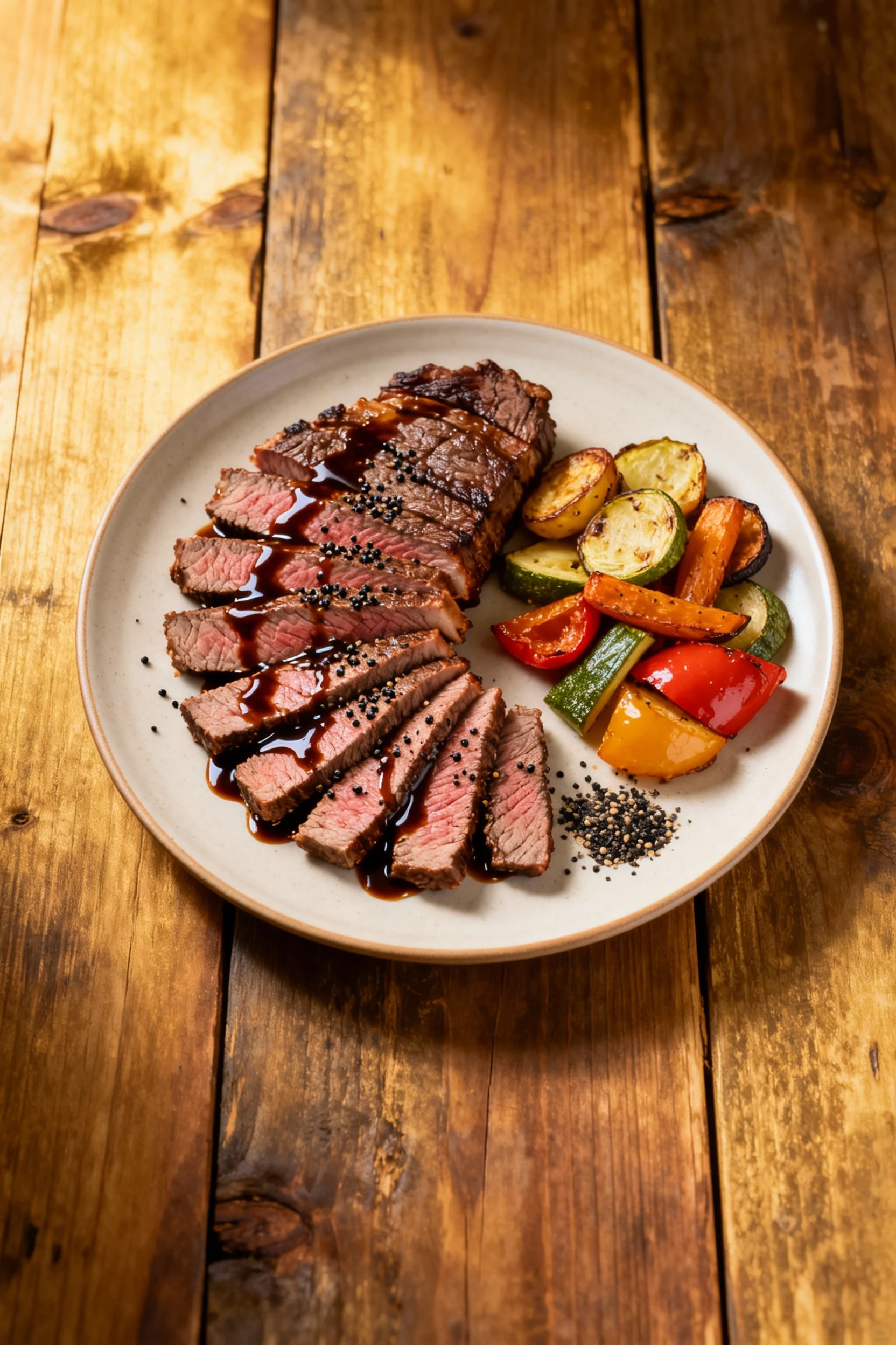 Overhead shot of a beautifully plated London broil on a rustic wooden table, thin slices fanned out with balsamic glaze 