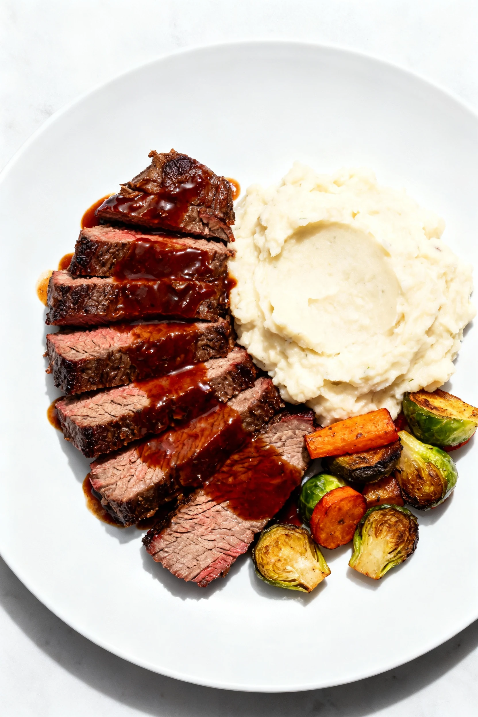 Overhead shot of beautifully plated brisket slices with a glossy BBQ glaze, arranged beside creamy mashed potatoes and r