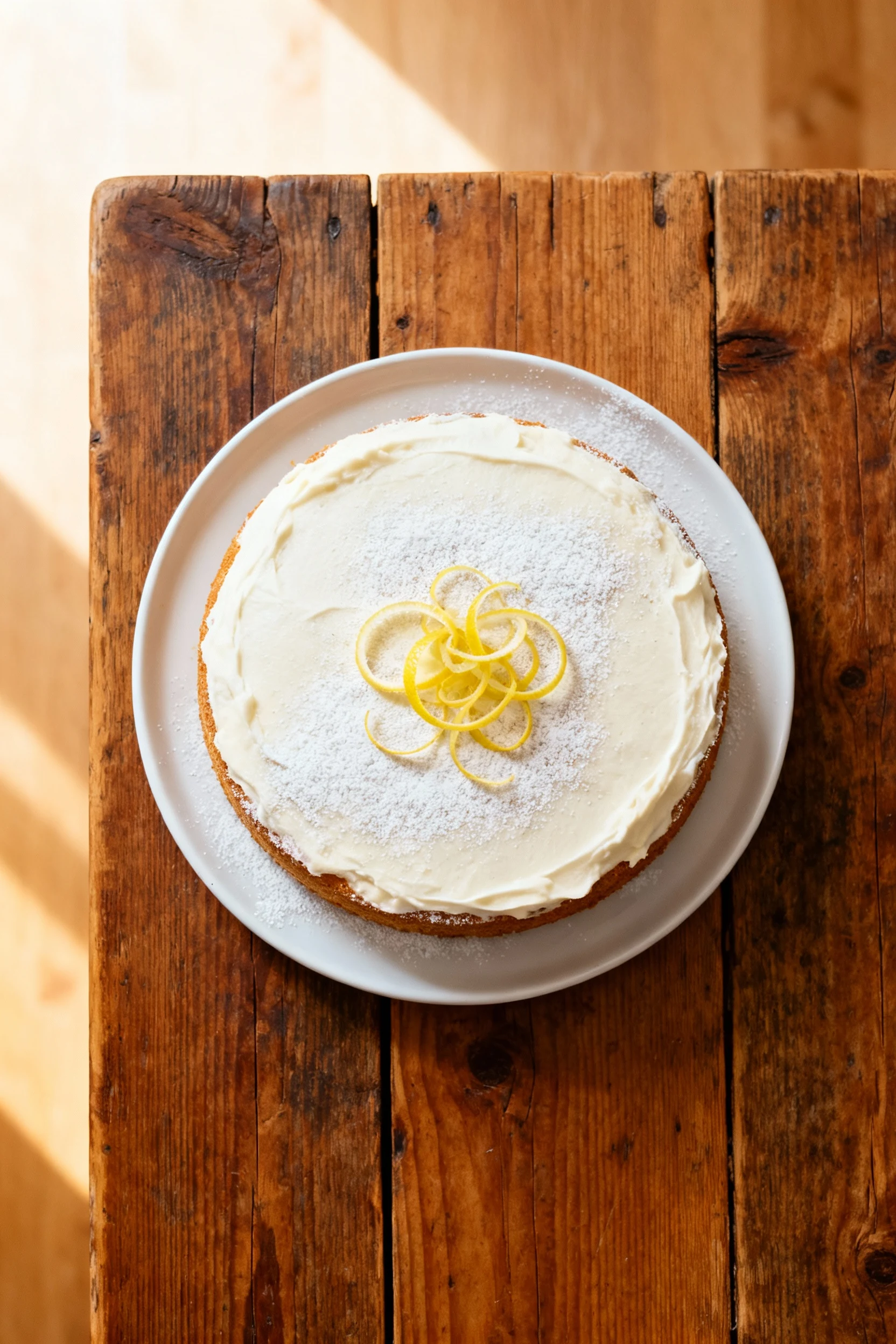 Overhead shot of a round frosted cake on a white ceramic plate, topped with delicate lemon zest curls and a dusting of p