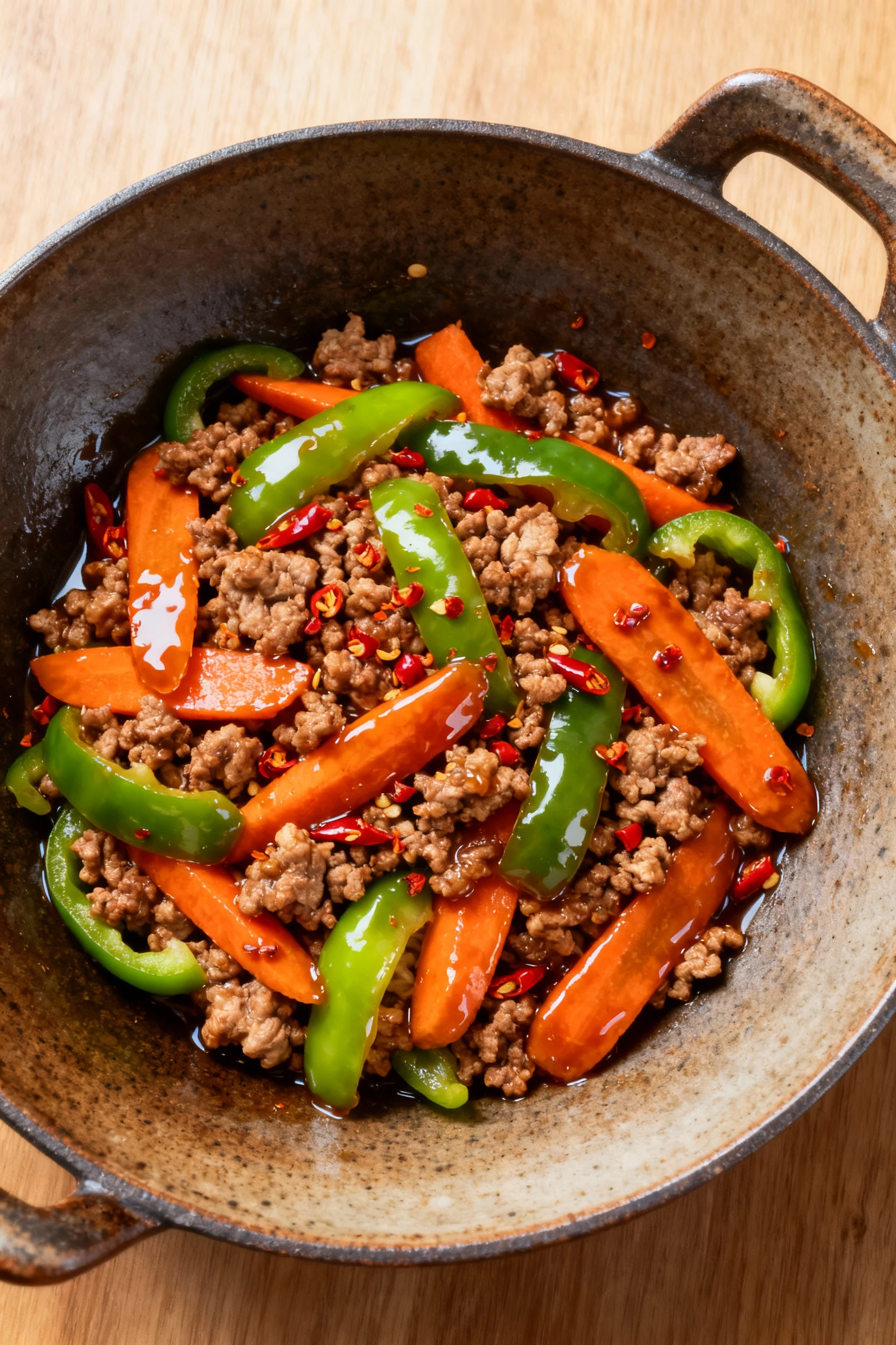 Overhead shot of vibrant stir-fry featuring ground pork, bright bell peppers, and carrots coated in glossy soy-ginger gl