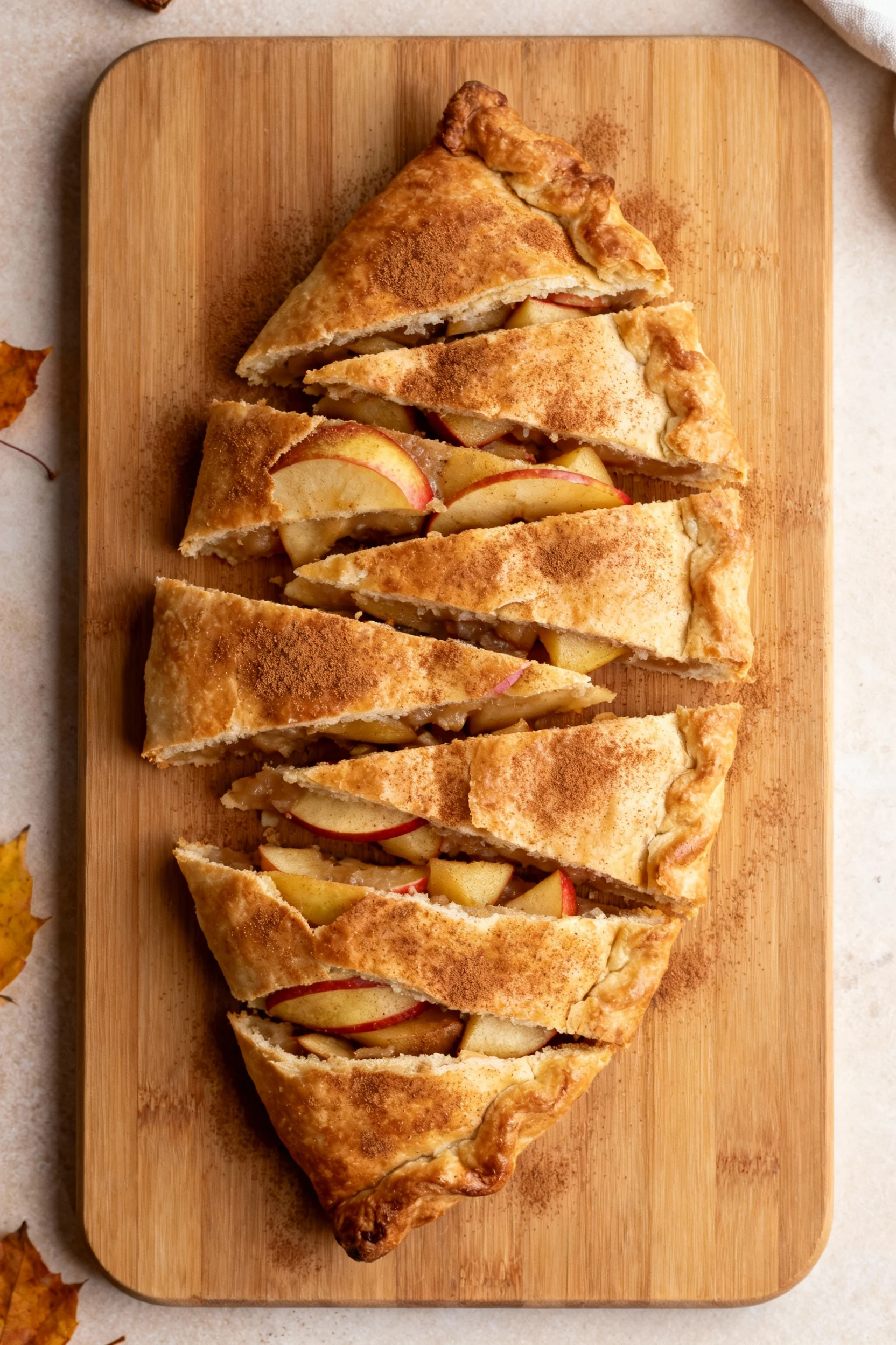 Overhead shot of a rustic apple cinnamon pie on a wooden board, perfectly browned crust dusted lightly with cinnamon sug