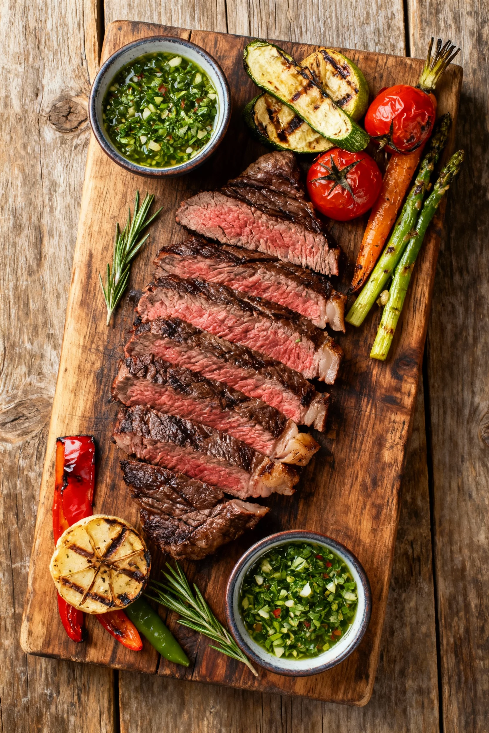 2. Overhead shot of sliced skirt steak served on a rustic wooden board with small bowls of chimichurri sauce and grilled