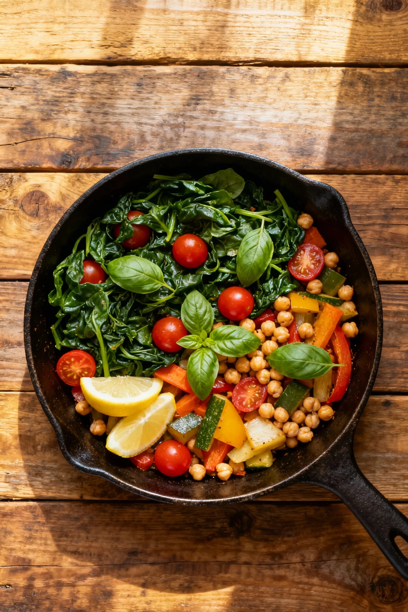 Overhead shot of the final veggie skillet dish with spinach wilted perfectly, cherry tomatoes bursting, chickpeas nestle