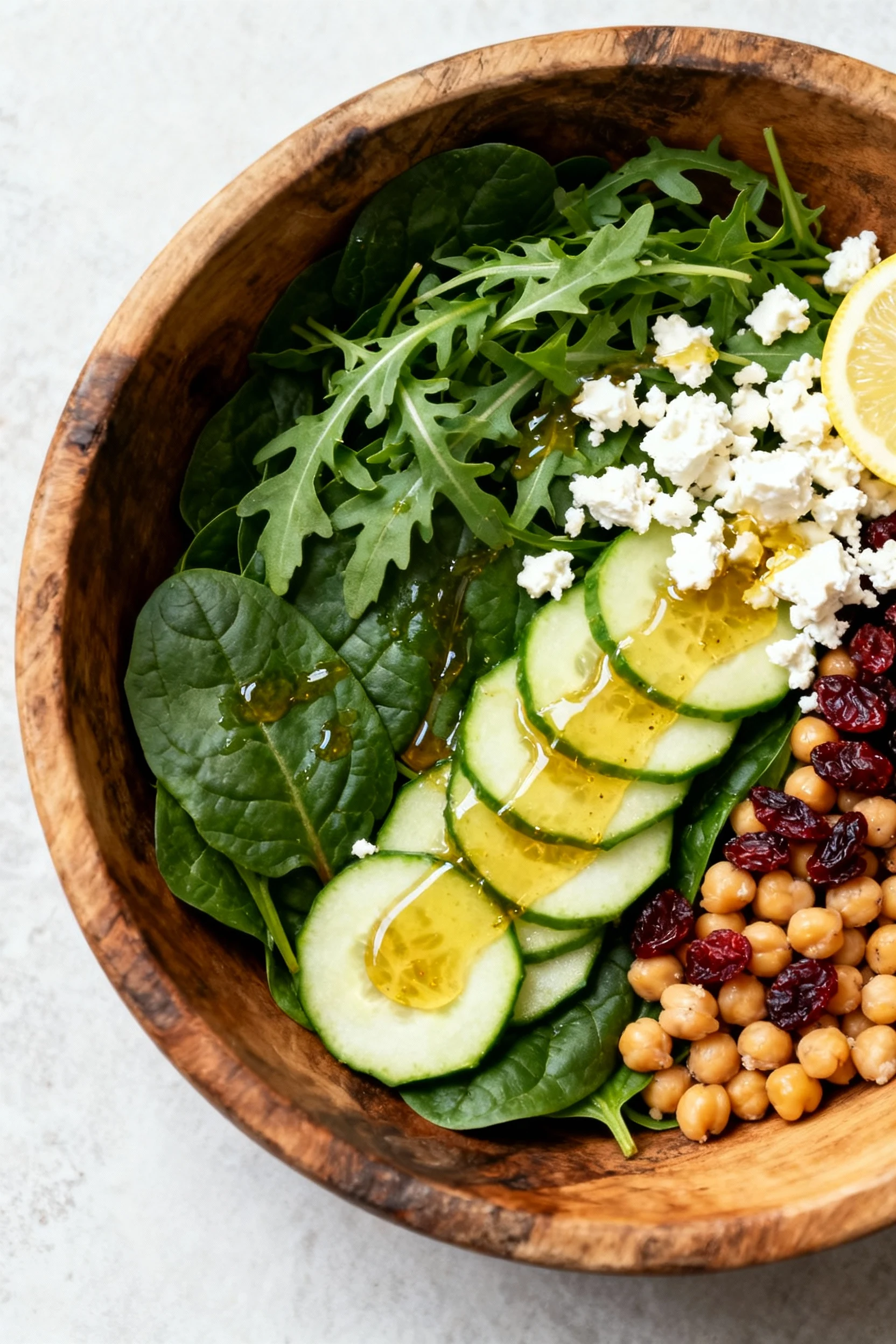 2. Overhead shot of a large rustic wooden bowl filled with assembled salad—layered spinach, arugula, cucumber slices, ch