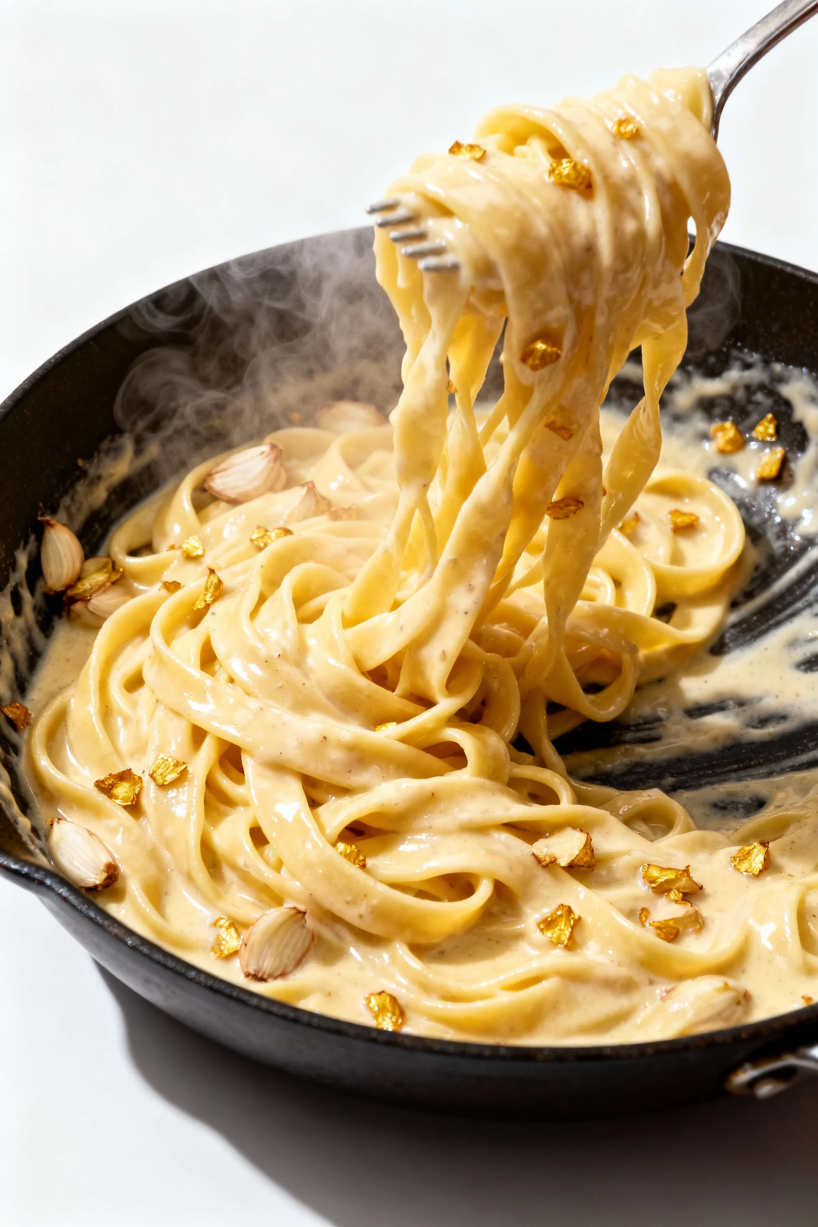 Overhead shot of a skillet filled with Alfredo pasta mid-toss, sauce glistening and clinging to each strand, golden garl