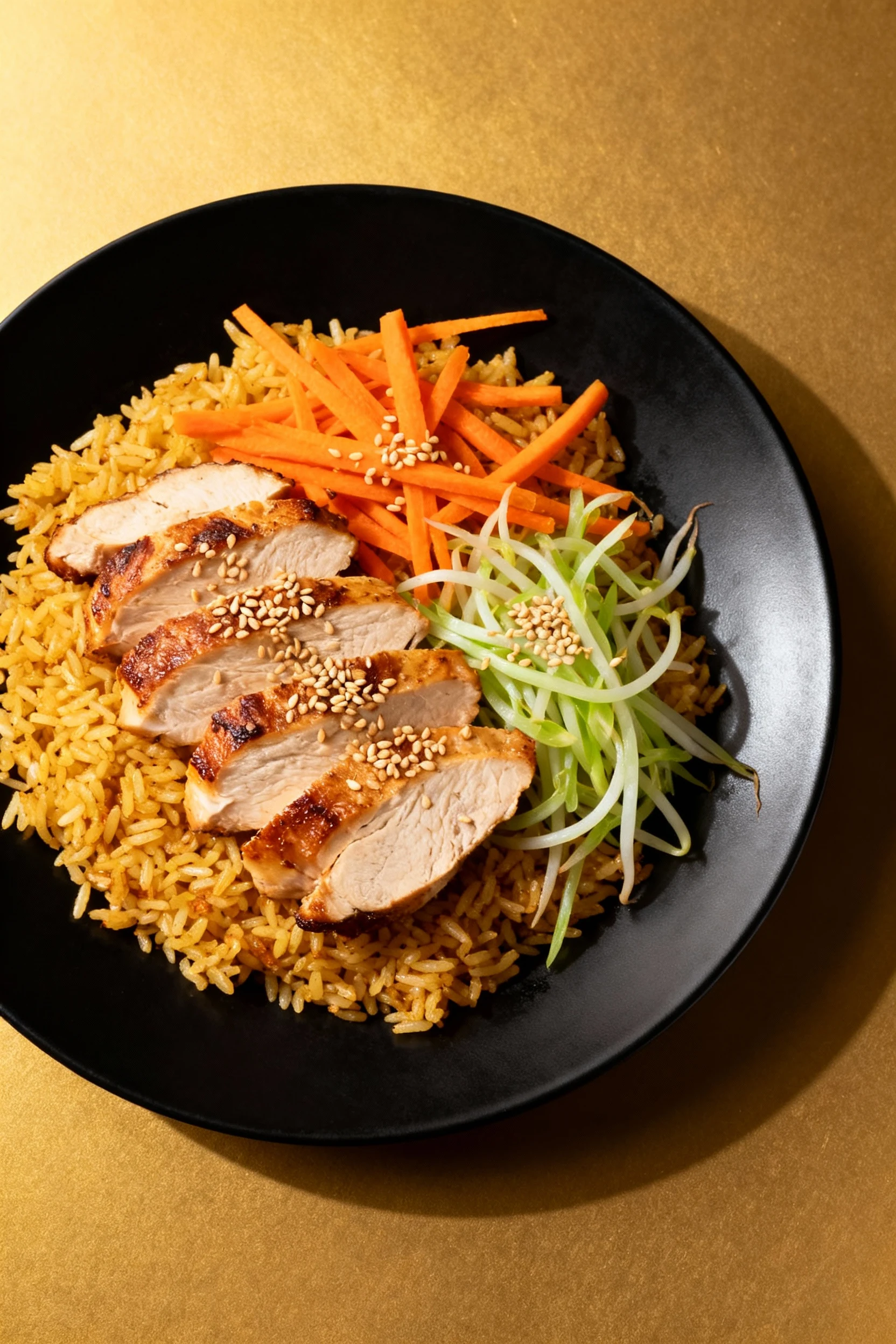 Overhead shot of a complete hibachi plate: seared chicken breast slices, golden fried rice base, vibrant carrots and bea