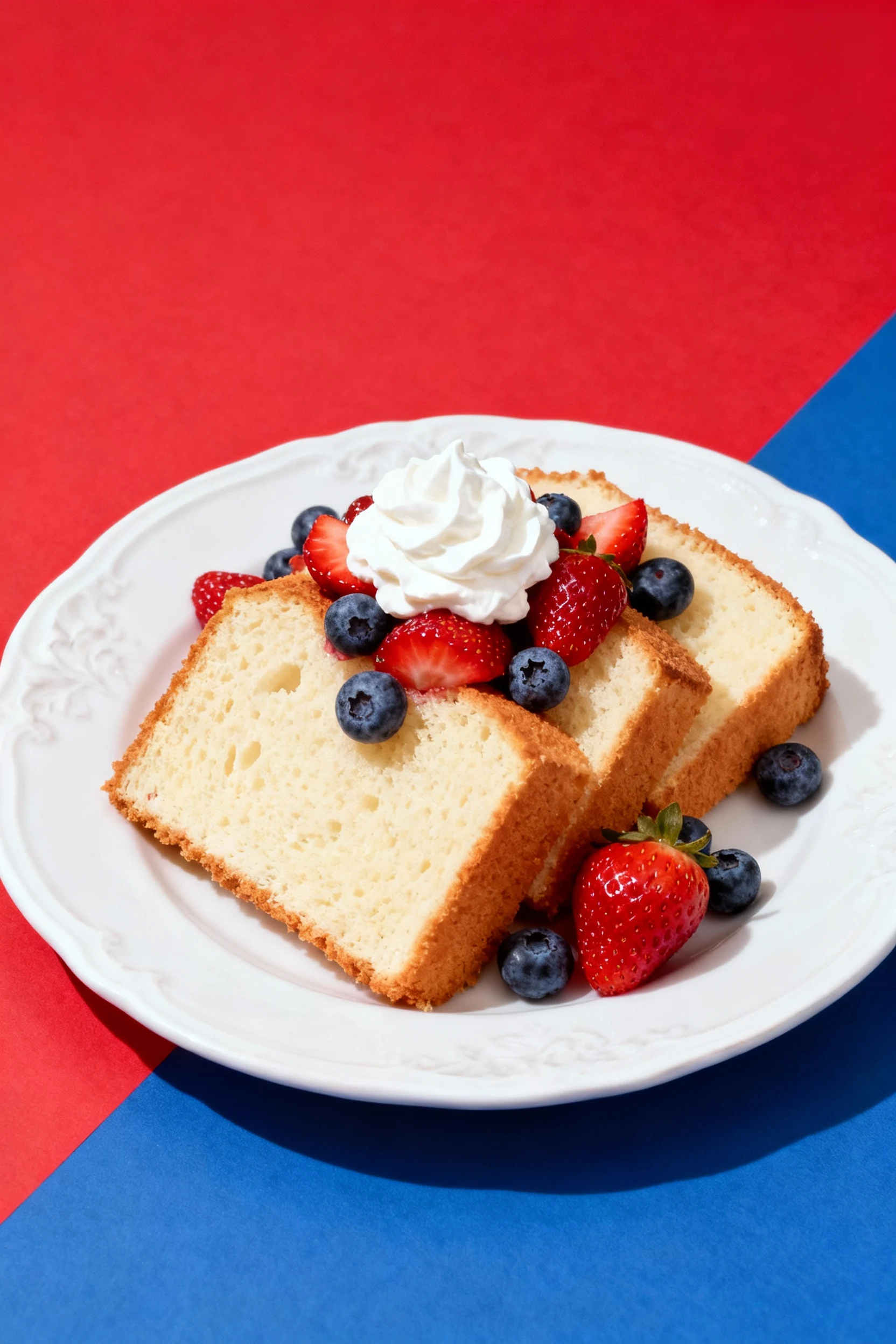 Overhead shot of a sliced angel food cake on a white porcelain plate, topped with fresh mixed berries and a dollop of wh