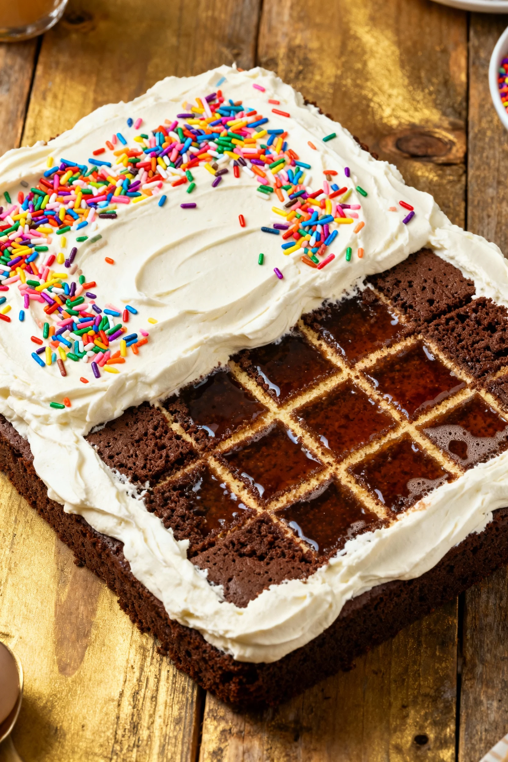 Overhead shot of chocolate poke cake topped with smooth whipped cream layer and sprinkled with vibrant rainbow sprinkles