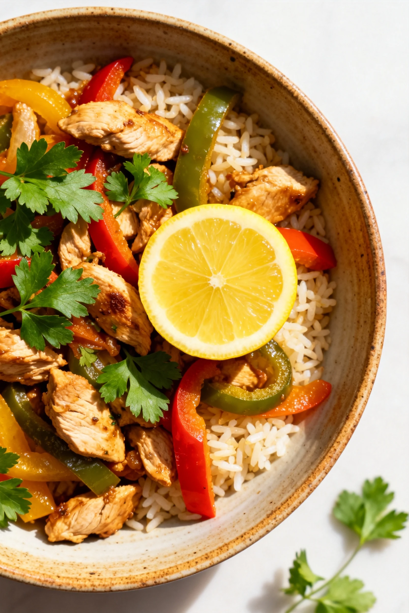 Overhead shot of colorful turkey stir-fry mixed with rice, garnished with fresh parsley and a bright squeeze of lemon, a