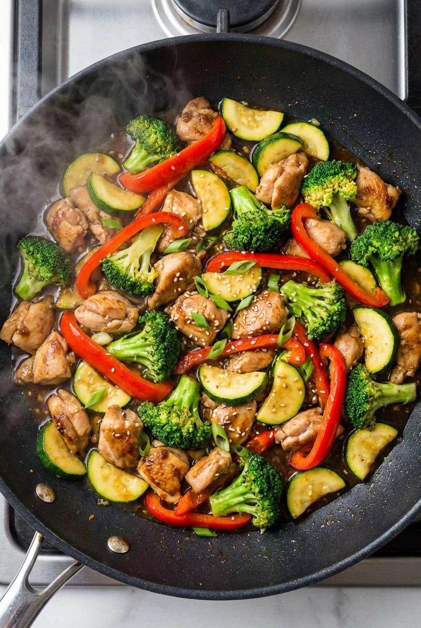 2. Overhead shot of vibrant stir-fried chicken with broccoli, zucchini slices, and red bell pepper, all coated in a glos