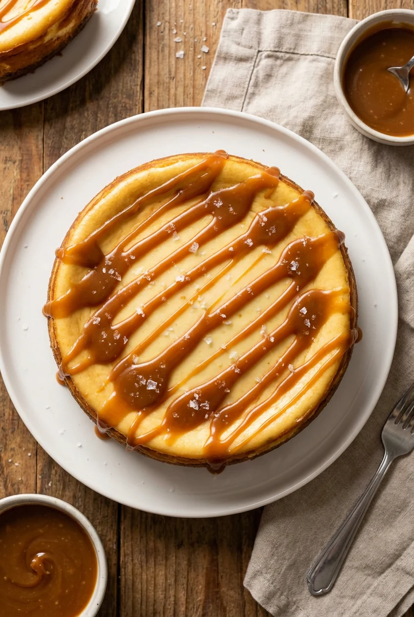 Overhead shot of an entire cheesecake on a white ceramic serving plate, garnished with a drizzle of glossy salted carame