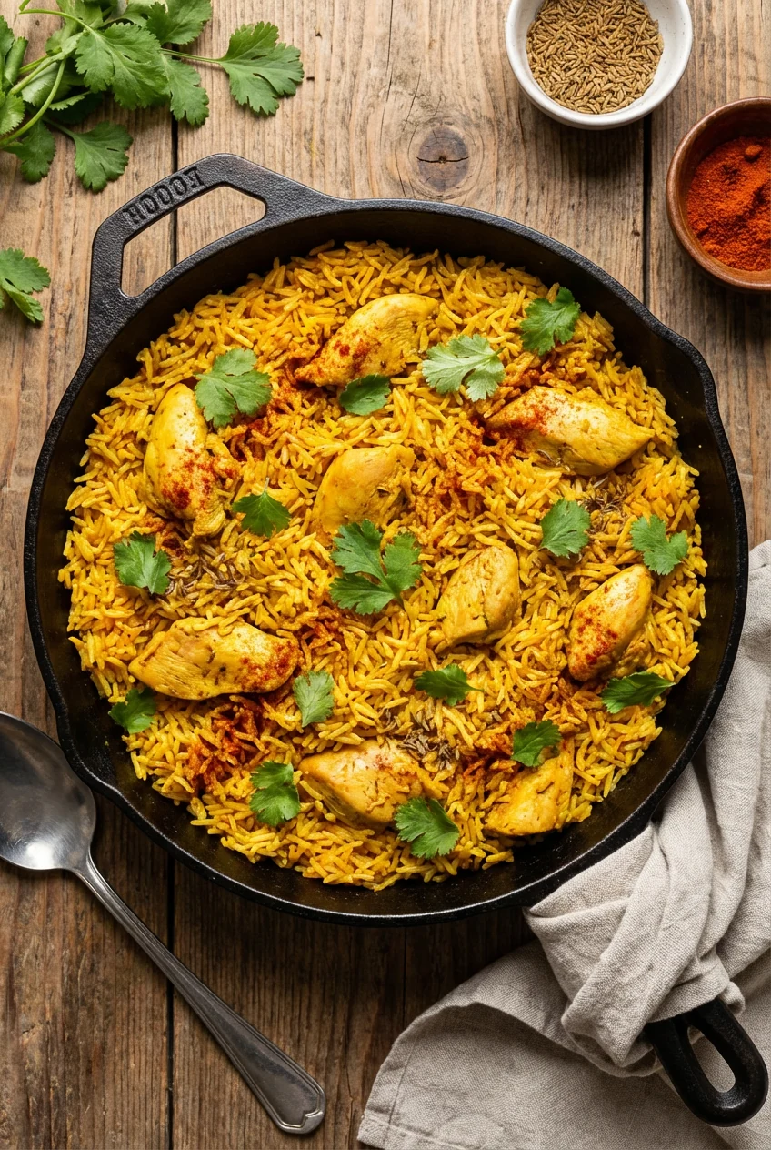 Overhead shot of turmeric-tinted basmati rice folded into tender, fully cooked chicken pieces, flecks of paprika and cum